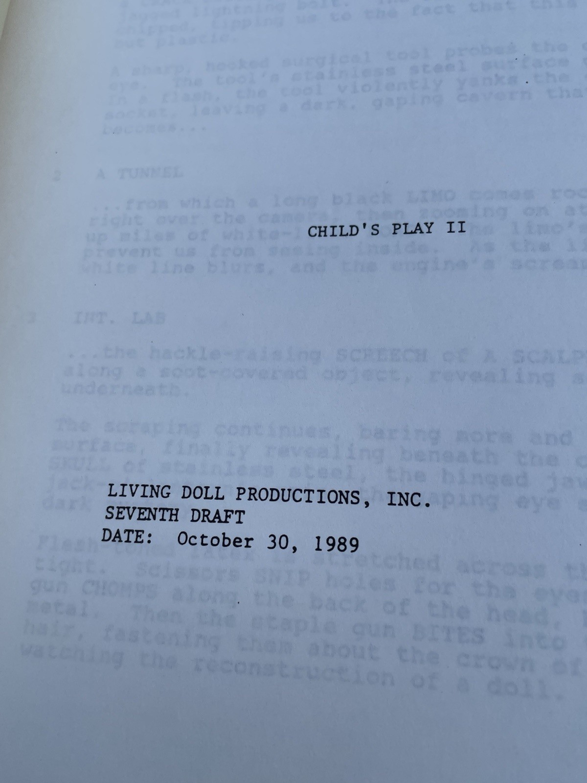 SCRIPT CITY Movie Script Child’s Play II – Seventh Draft 1989 Horror – Chucky