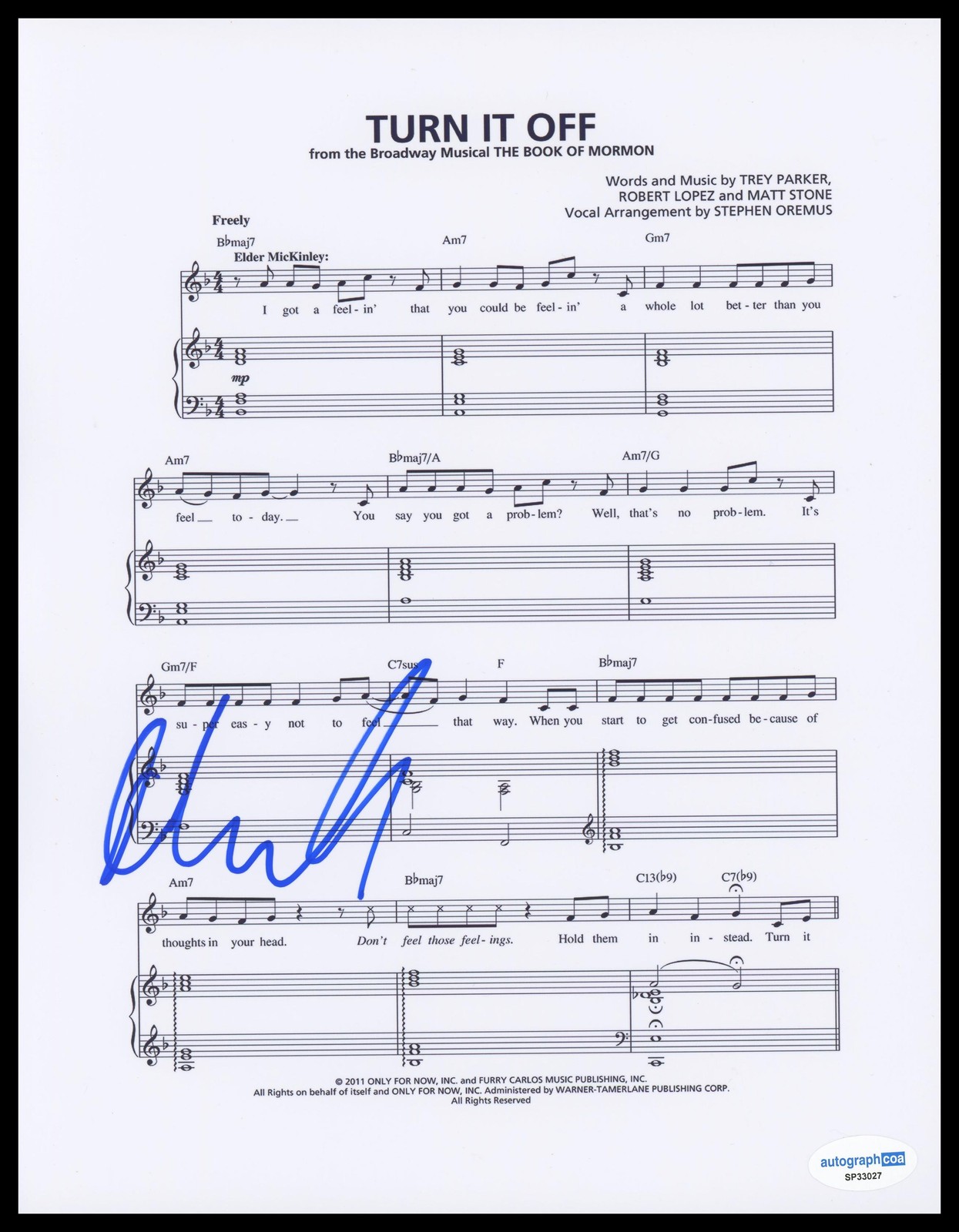 Andrew Rannells “The Book of Mormon” AUTOGRAPH Signed ‘Turn It Off’ Sheet Music