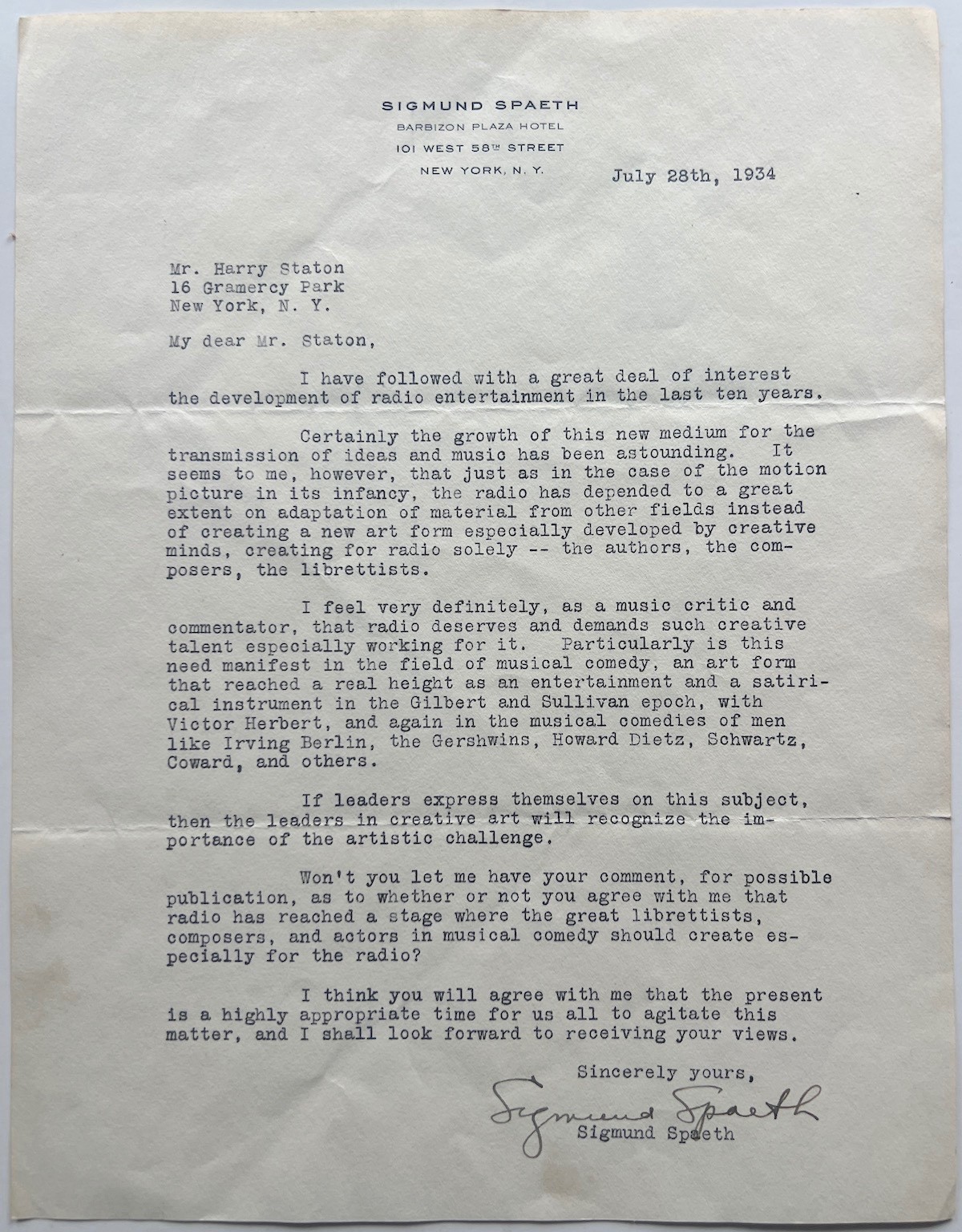 Sigmund Spaeth signed letter to Harry Staton on Growth- Importance of Radio 1934