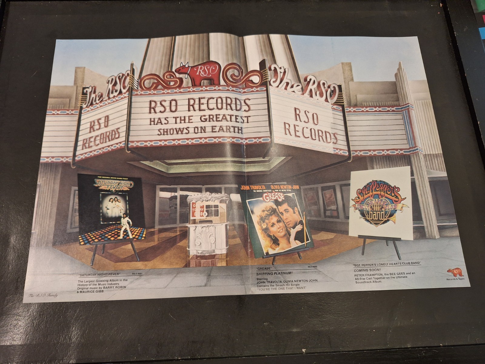 Grease, Saturday Night Fever, Bee Gees Rare Original RSO Promo Poster Ad Framed