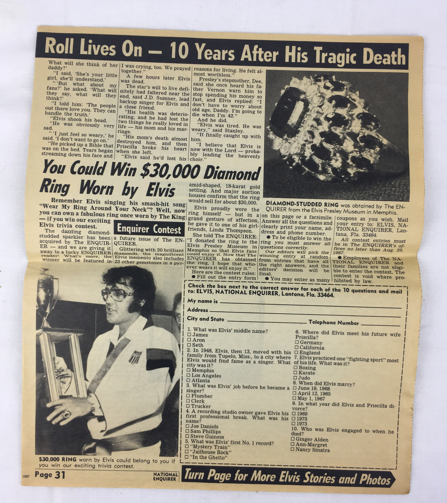 1987 Elvis Death 10th Anniversary Newspaper Lucy de Barbin & Secret Love Child