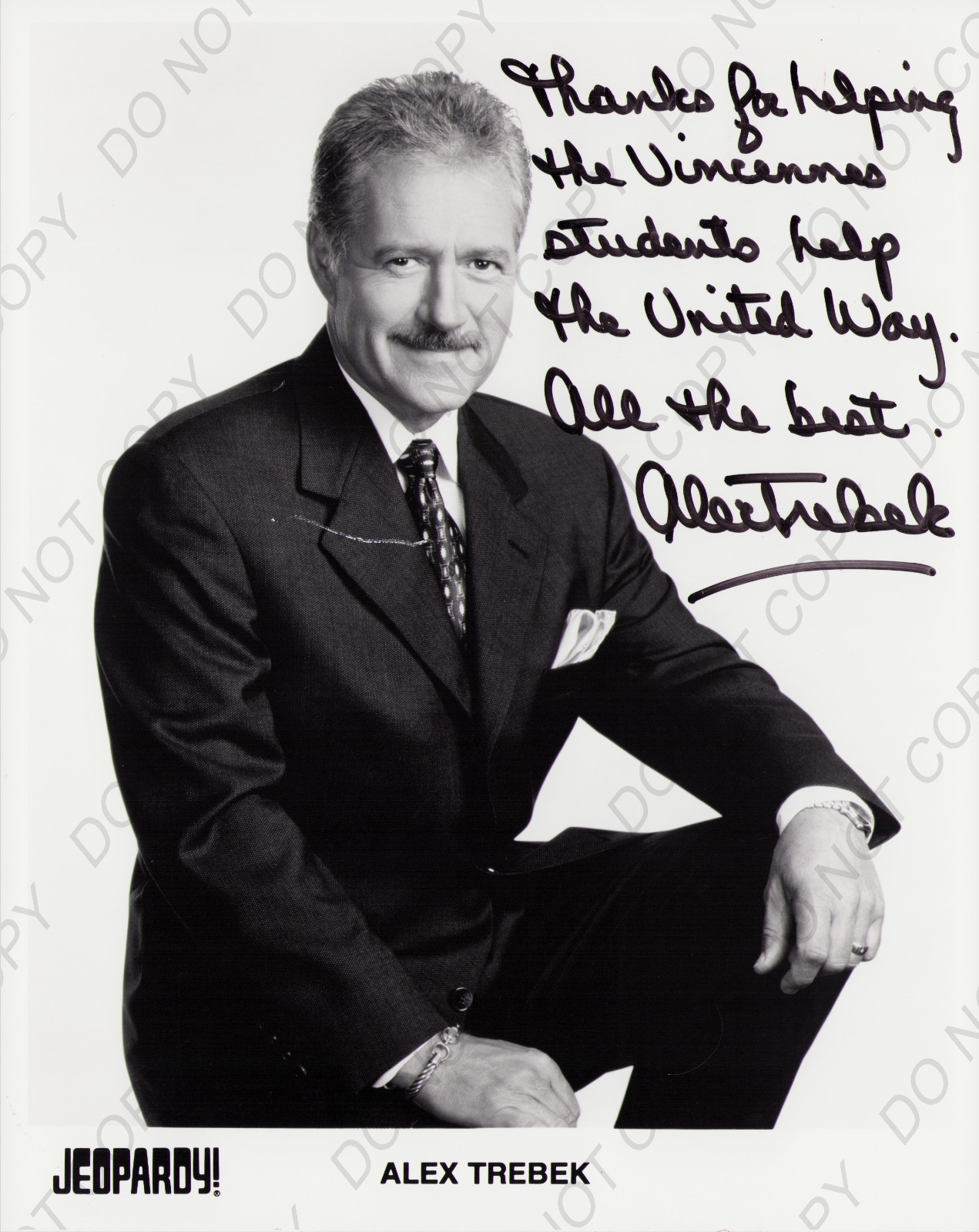 ALEX TREBEK Signed Vintage 8×10 Photo Autographed Jeopardy TV Host United Way