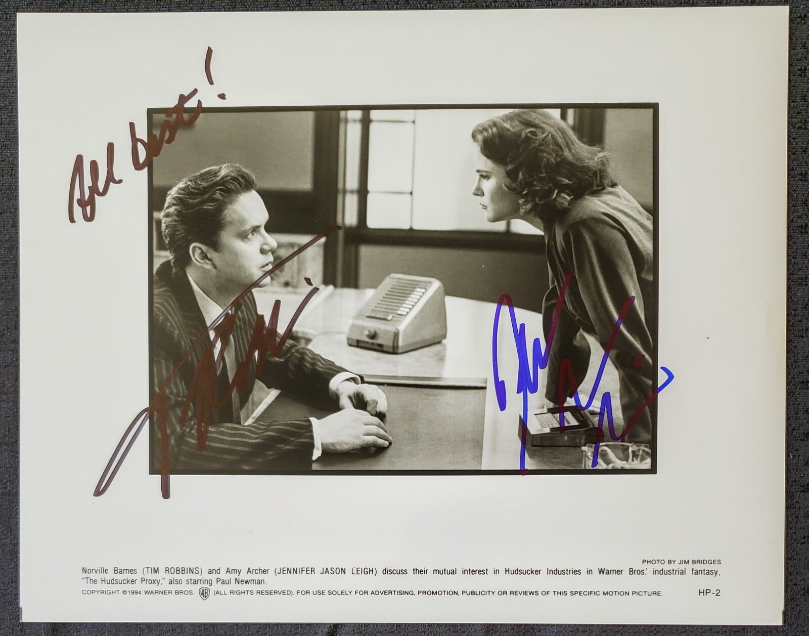 Tim Robbins Jennifer Jason Leigh Autograph 8×10 Warner Bros Photograph