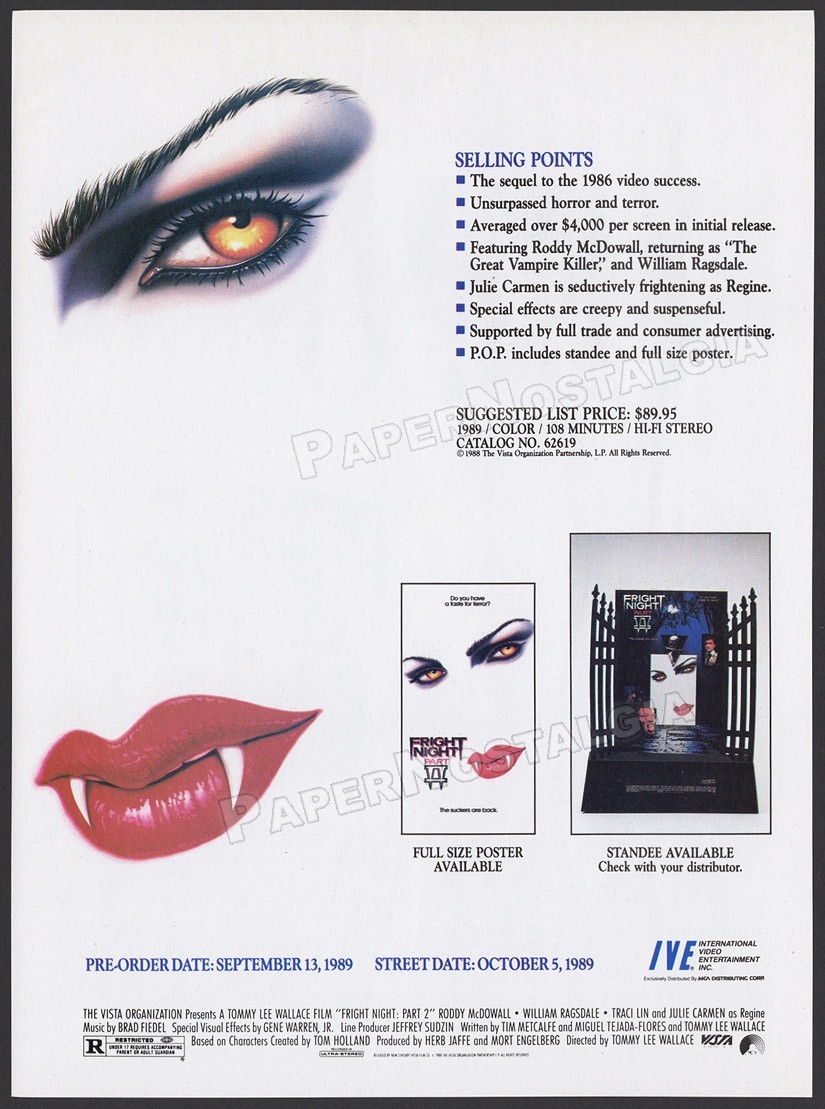 FRIGHT NIGHT Part 2 – Original 1989 Trade AD / ADVERT – Roddy McDowall – II