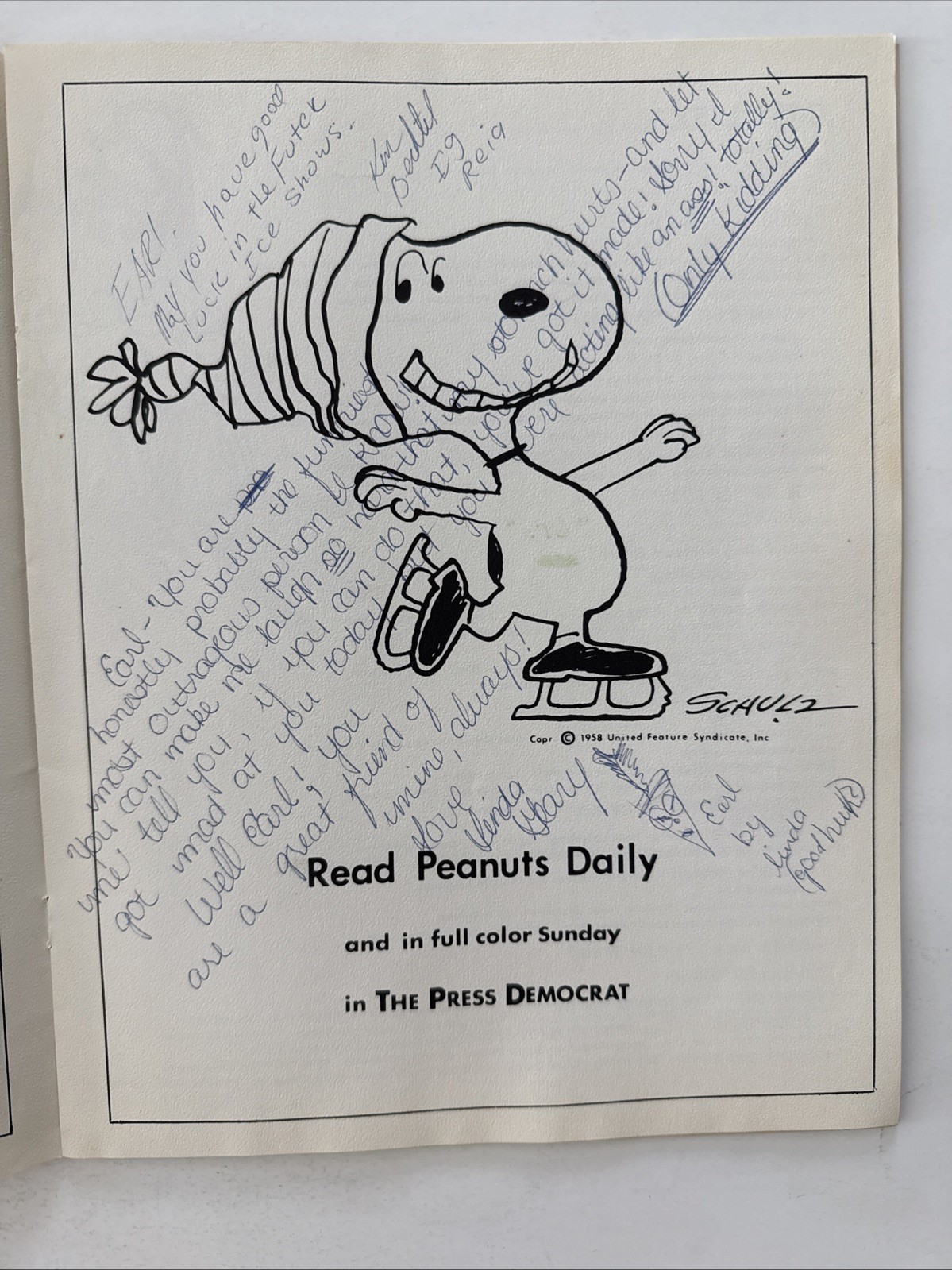 SIGNED 1958 Snoopy Peanuts Program Charles Schulz Santa Rosa Figure Skating Club