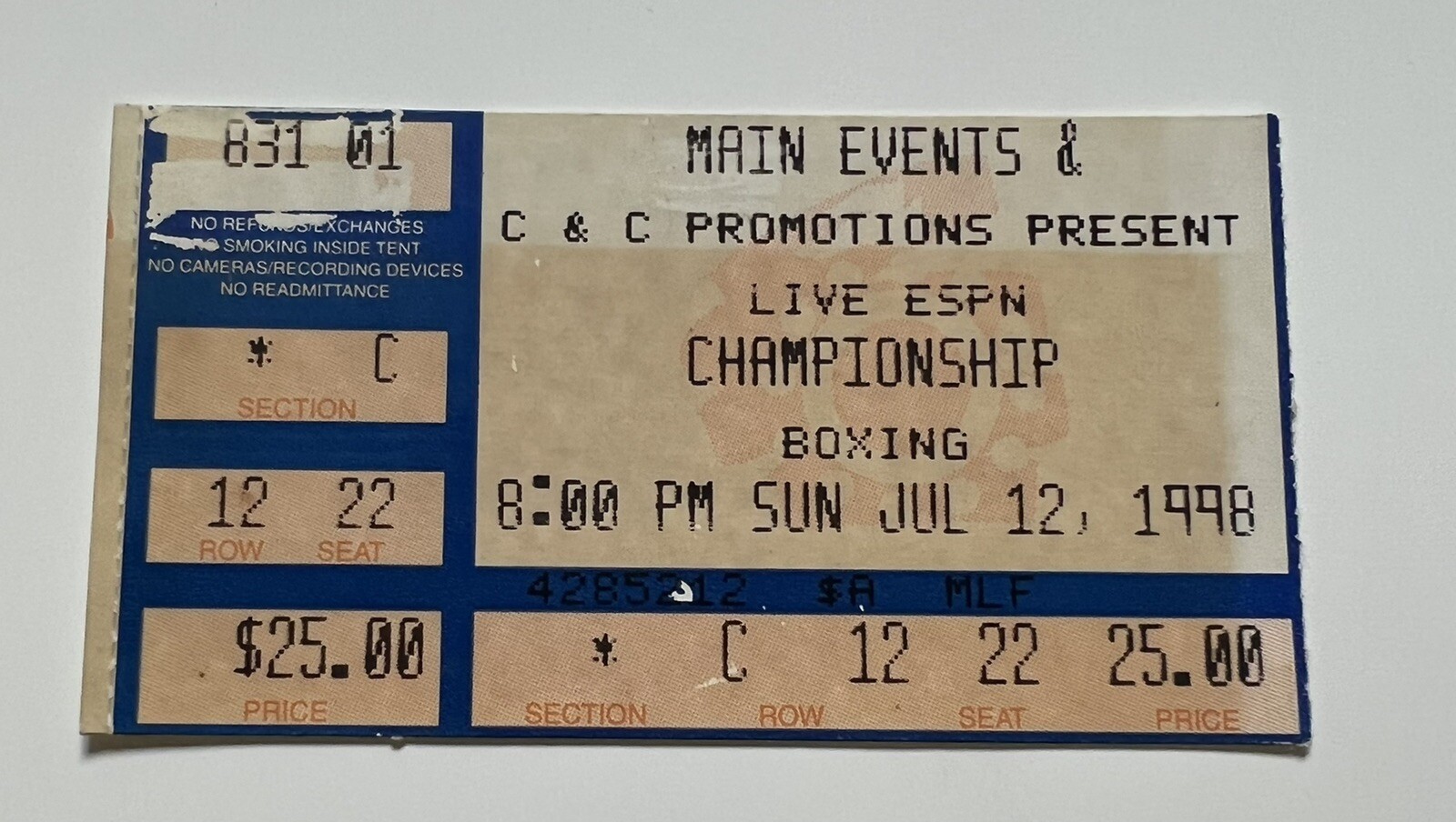 ESPN Championship Boxing Ticket Stub 7/12/1998 Cape Cod Melody Tent