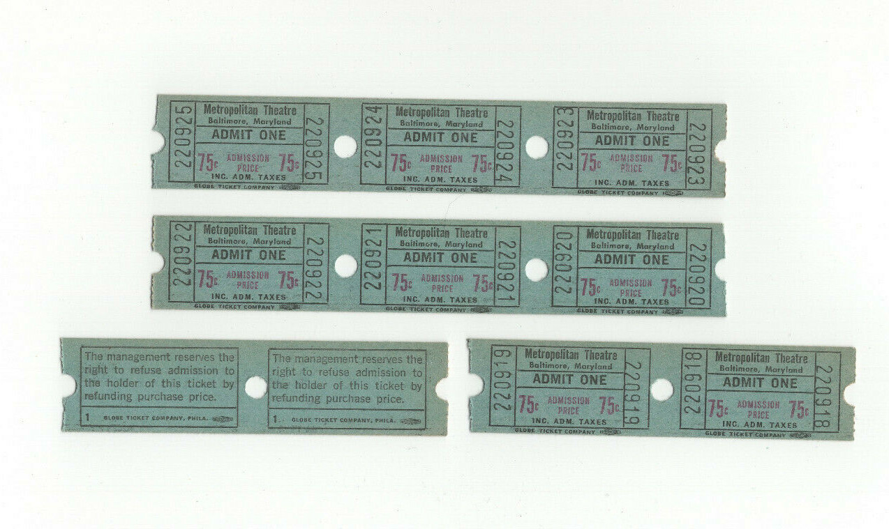 Lot 20 Vintage Old Metropolitan Theatre “The Met” Tickets 75 Cents Baltimore MD