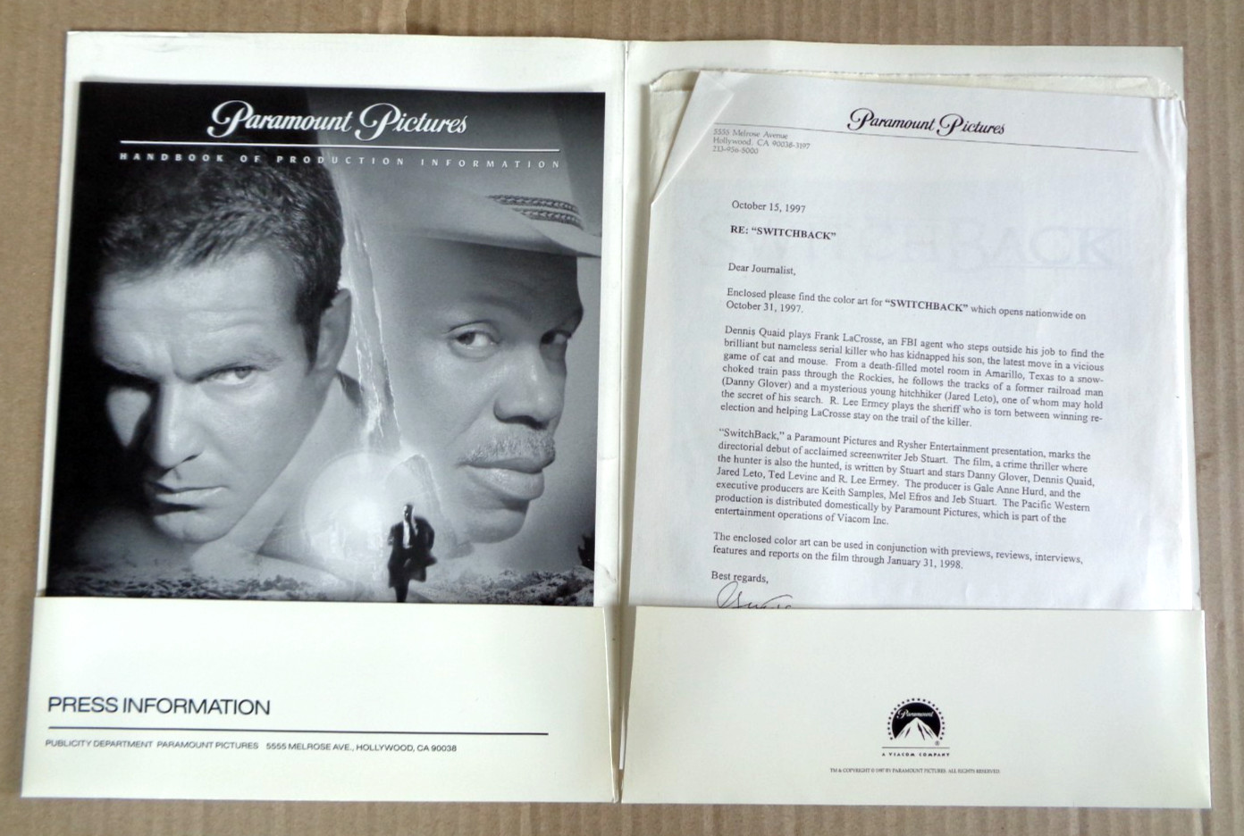 Switchback 1997 press kit Dennis Quaid Danny Glover Jared Leto