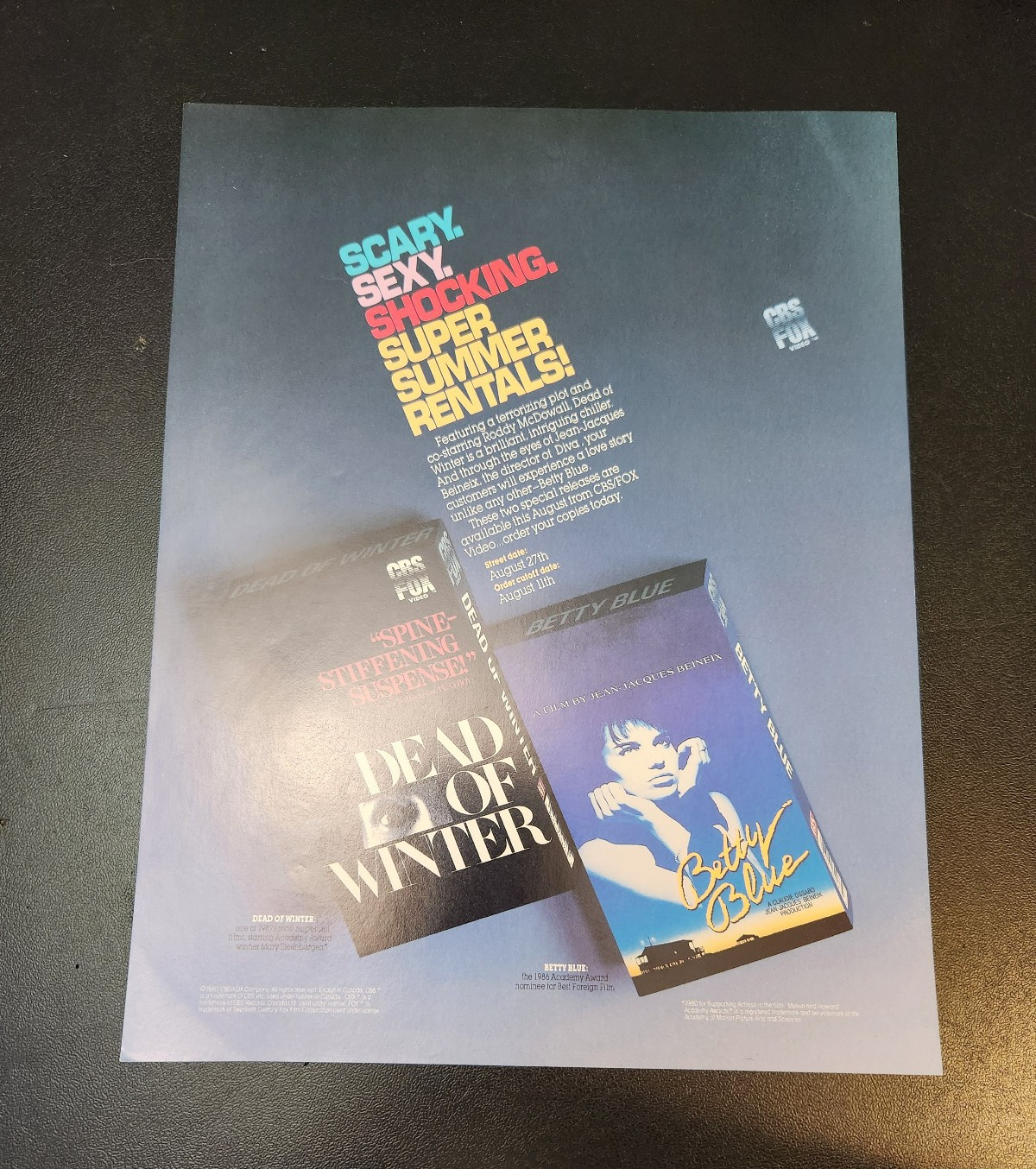 Dead of Winter & Betty Blue 1987 CBS Fox Movie Advertisement