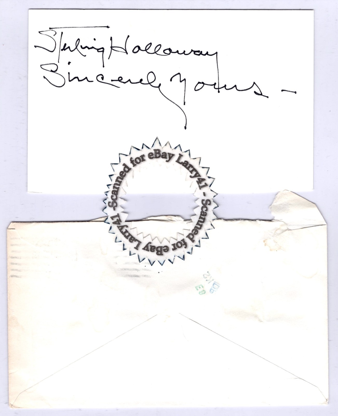AUTOGRAPHED Sterling Holloway SIGNED index card 5.75” x 3.75” w/original 1987 en