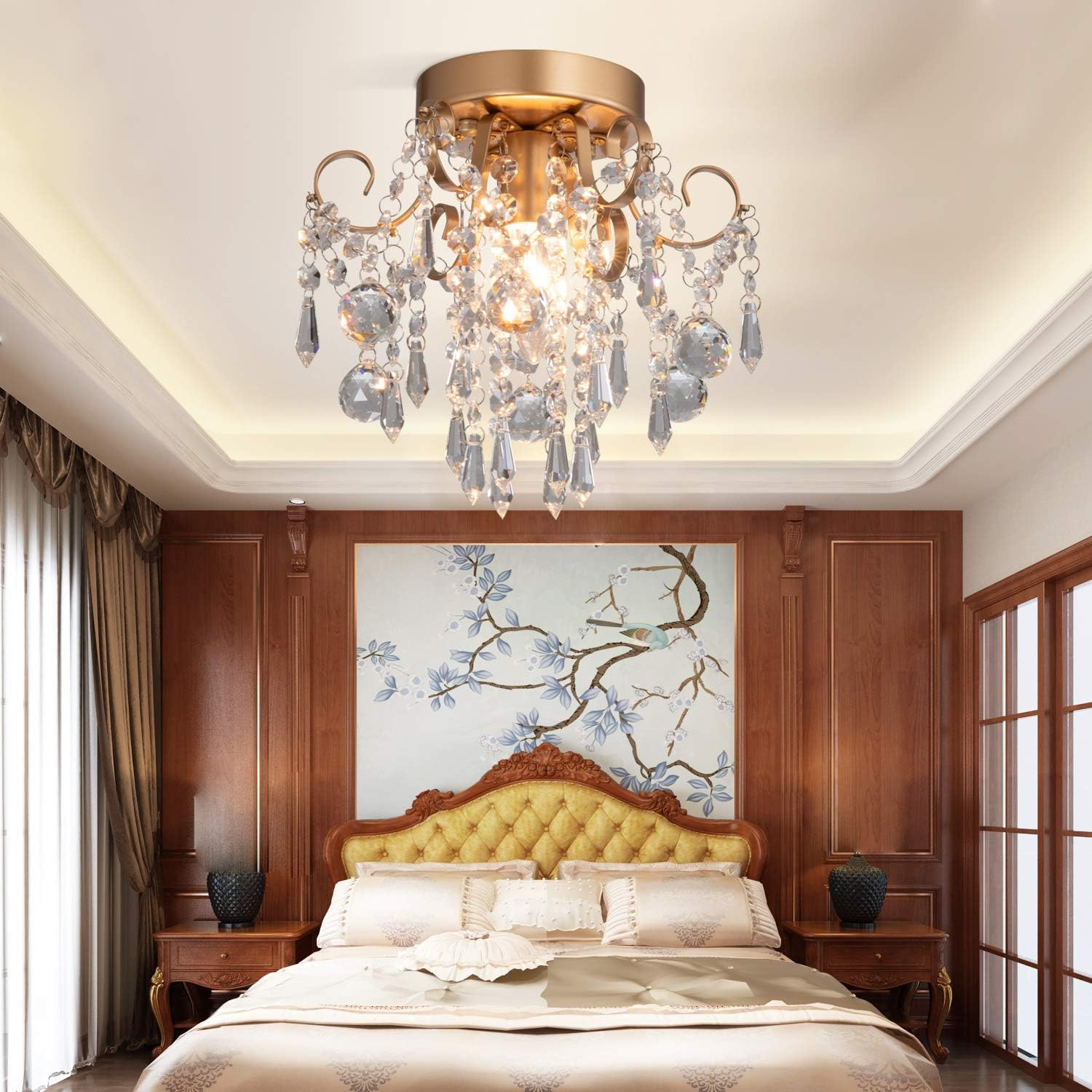 Mini Chandelier Crystal Ceiling Light,Small Flush Mount Gold Light Fixture for E