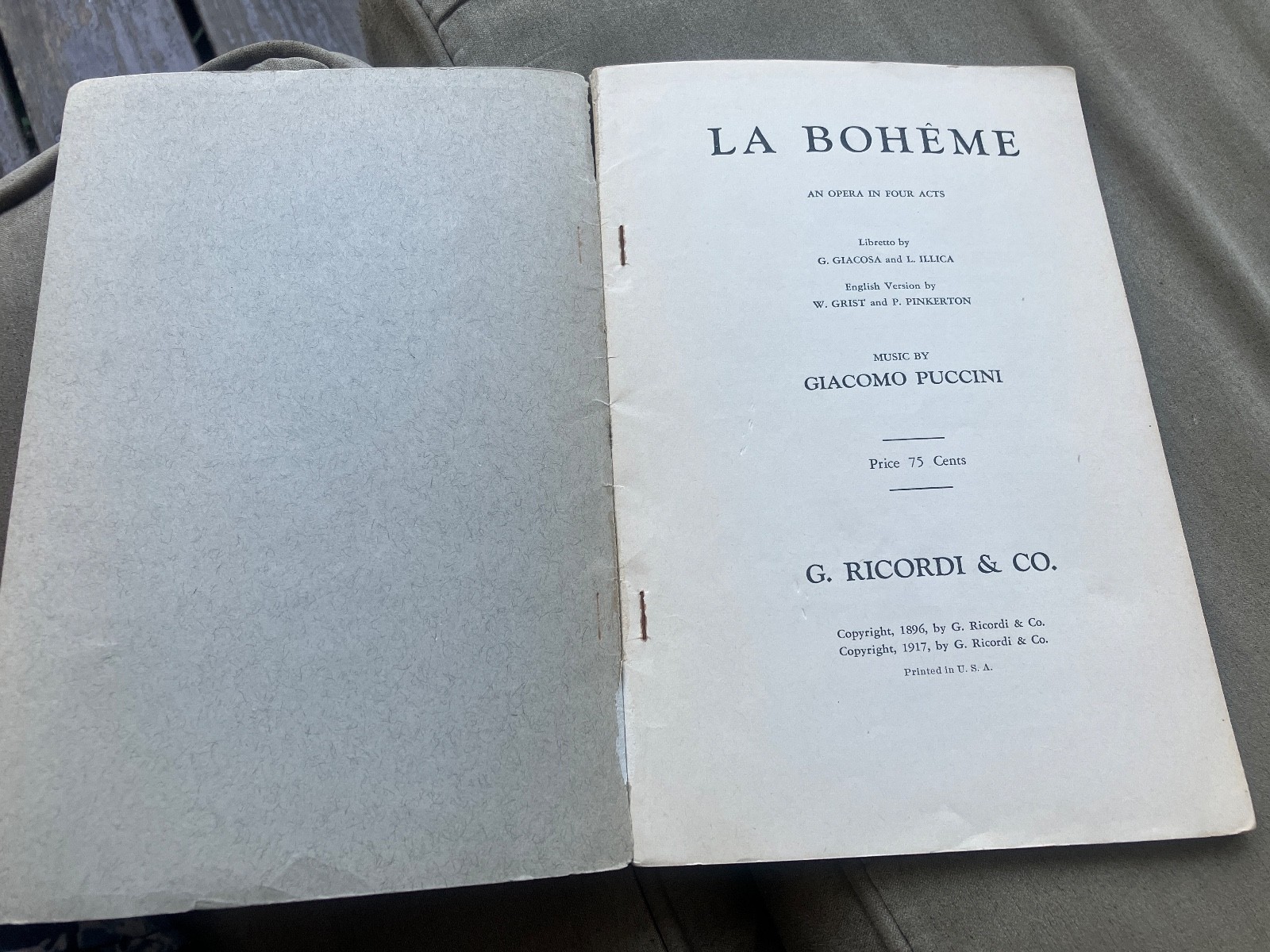 Libretto Opera Program La Boheme Puccini G. Ricordi & Co 1917 English & Italian