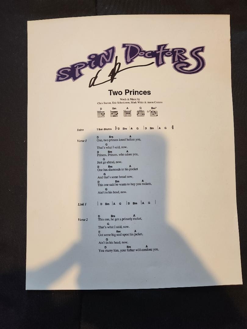 Chris Barron signed “Two Princes” Lyric sheet Spin Doctors