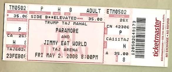 PARAMORE & JIMMY EAT WORLD ~ 2008 Trump Taj Mahal Concert Ticket ~ FREE SHIPPUNG