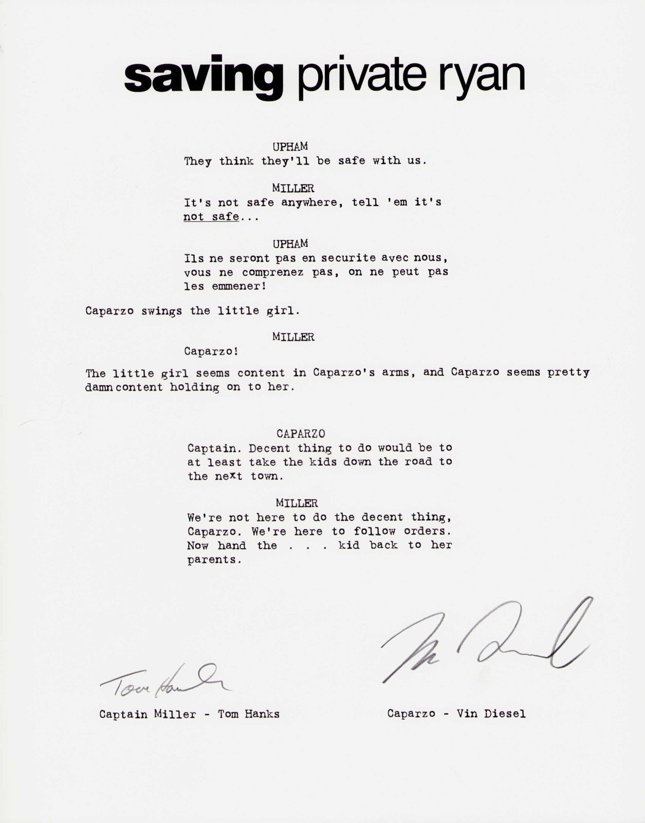 Tom Hanks/Vin Diesel Signed Script Cover Saving Private Ryan W COA