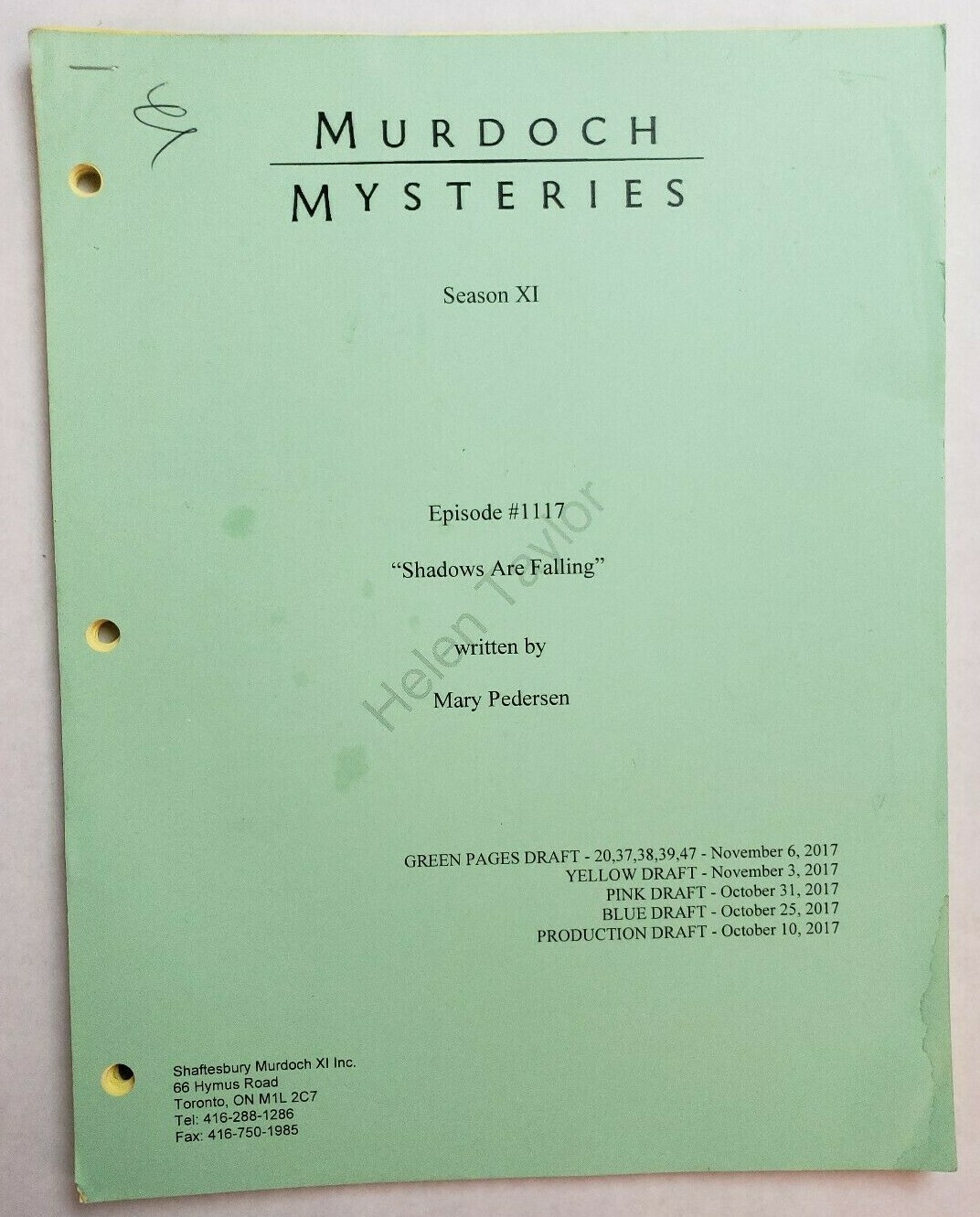 MURDOCH MYSTERIES / Mary Pedersen 2017 Script, HELENE JOY “Shadows Are Falling”