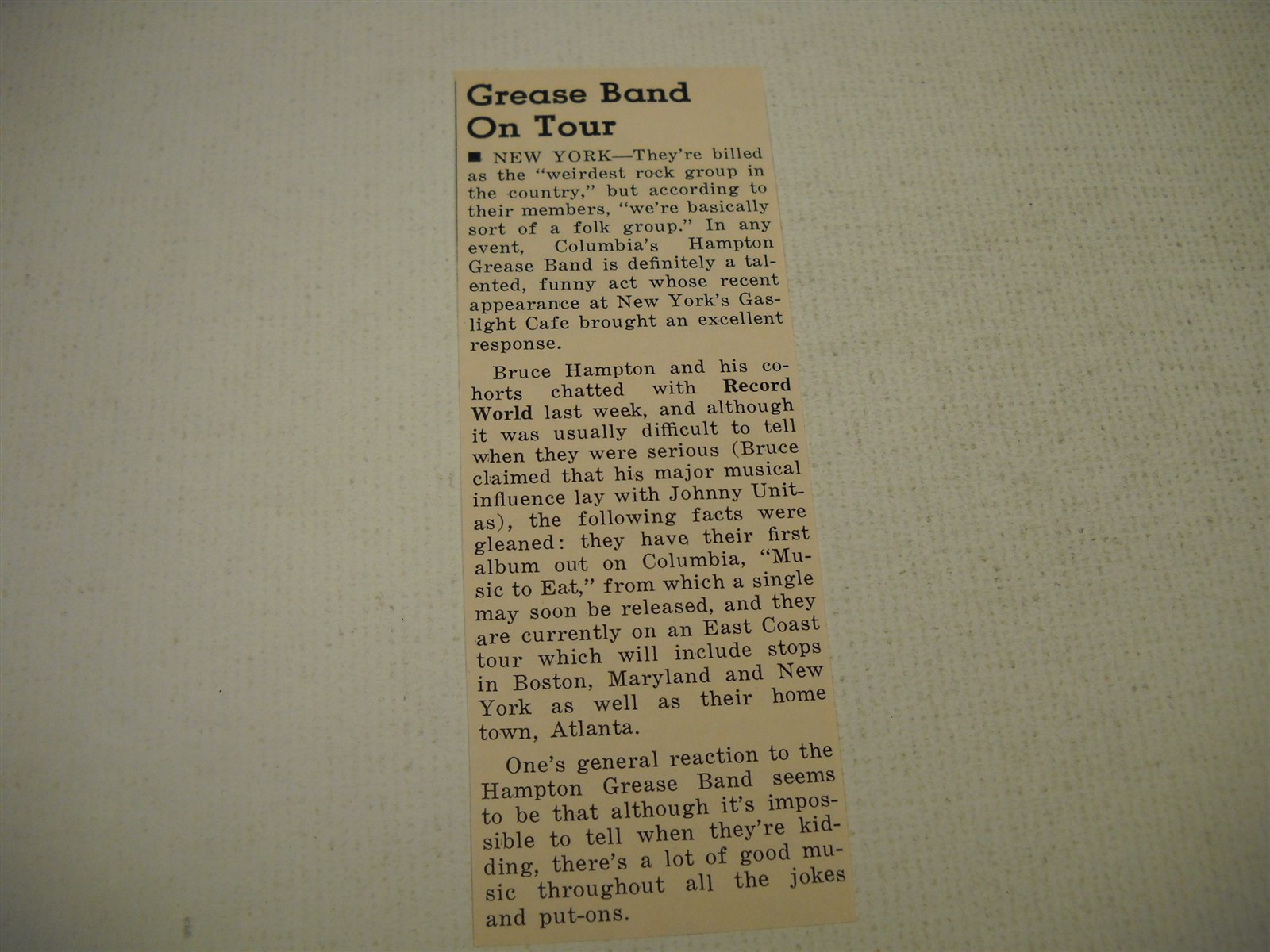 HAMPTON GREASE Band On Tour original detailed 1971 music biz trade article
