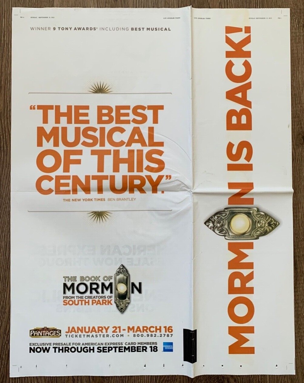 ‘The Book of Mormon’ / POSTER / SIZE OPEN: 17″ x 22.75″ / FOLDED: 11″ x 22.75″