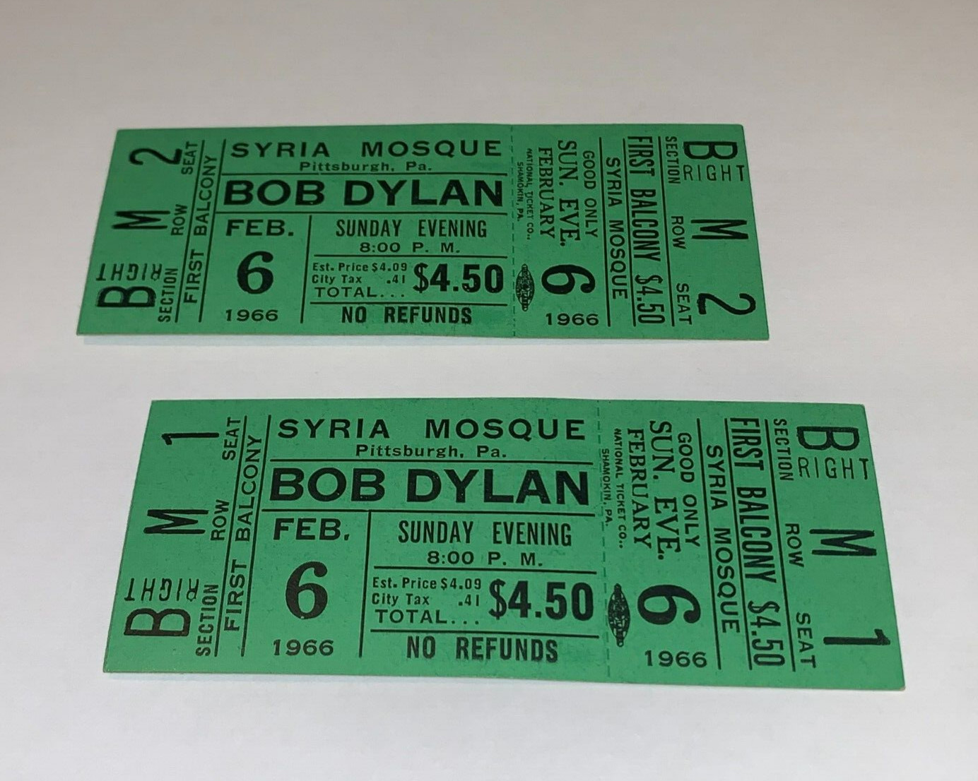 BOB DYLAN 2 1966 UNUSED CONCERT TOUR TICKETS SYRIA MOSQUE Zimmerman Ephemera USA