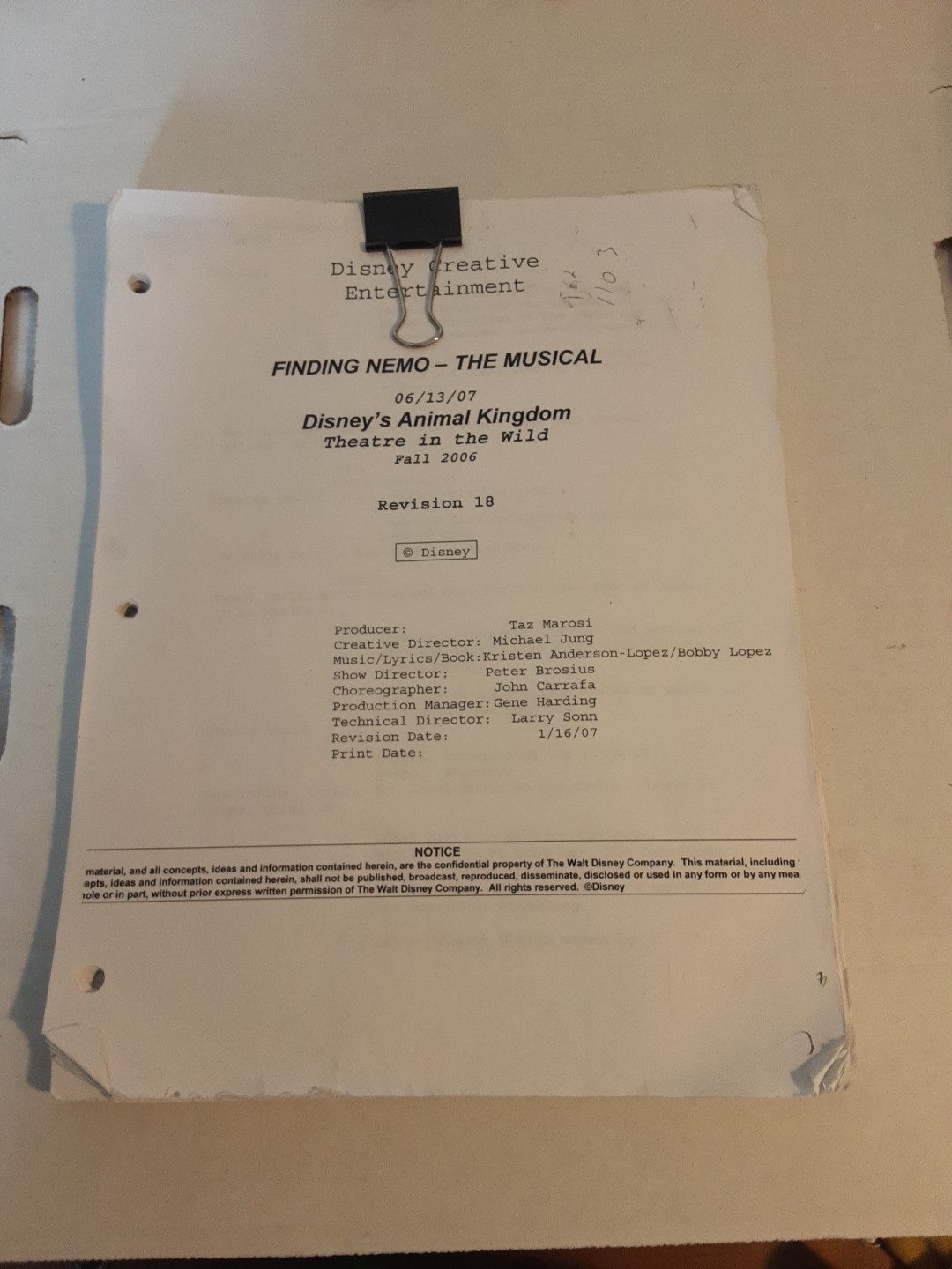 RARE Disney Finding Nemo Musical Rev 18 Draft 17 Script 6/13/07 Animal Kingdom