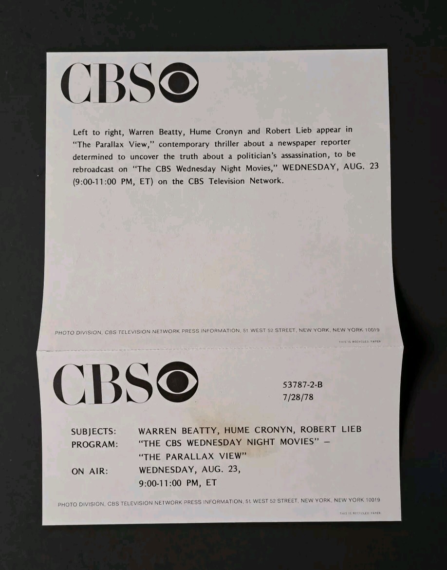 Original 1978 Warren Beatty CBS Press Photo With Paperwork