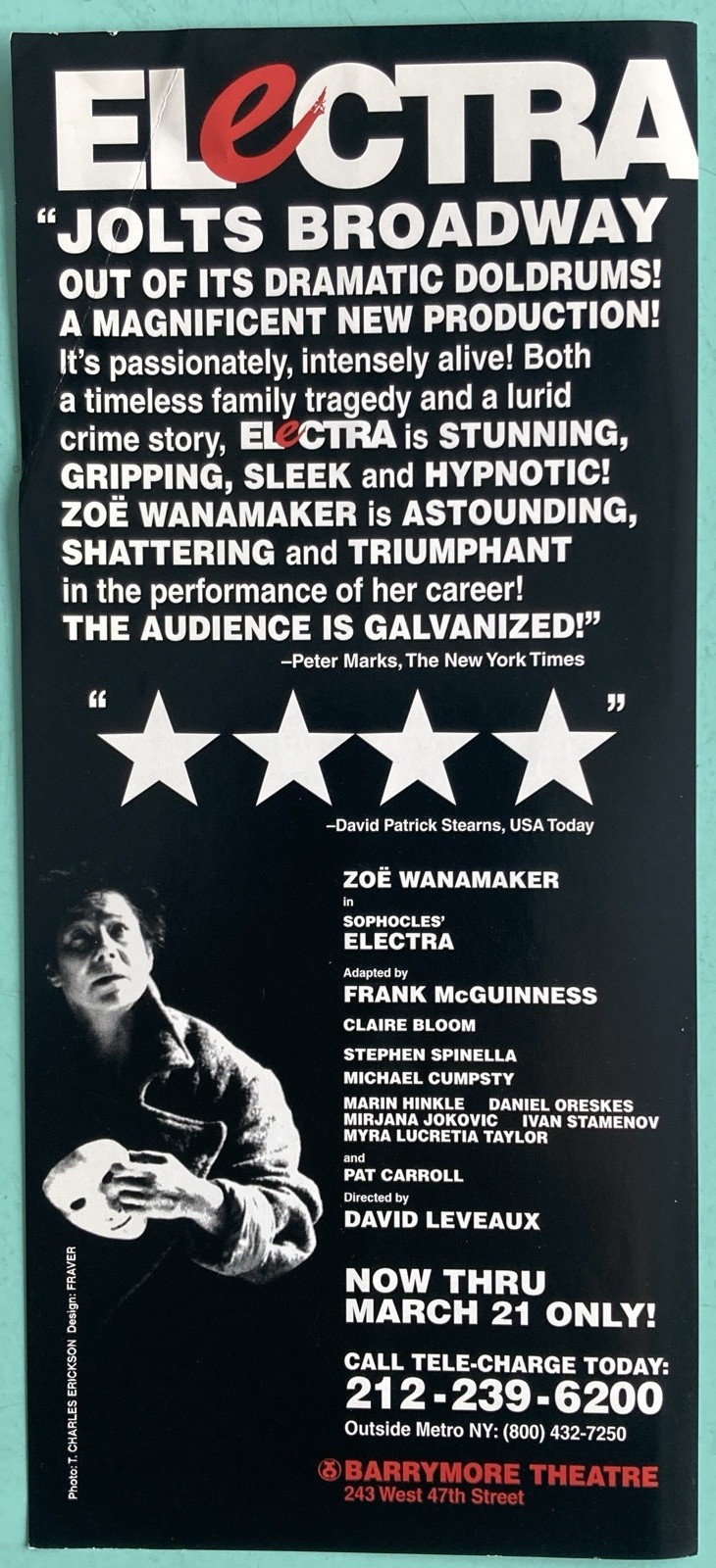 2 Sided Flyer Electra Broadway Zoe Wanamaker Michael Cumpsty 9” X 4” Creased