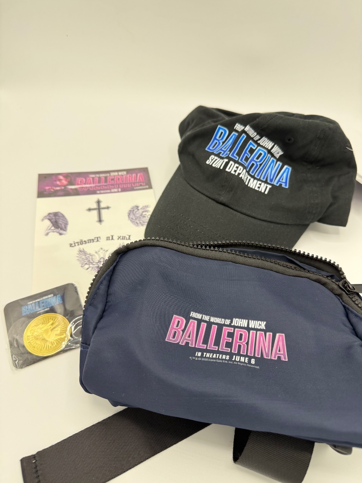 JOHN WICK: BALLERINA (2025) Promo Lot: Fanny Pack, Hat (one size), Coin, Tattoos