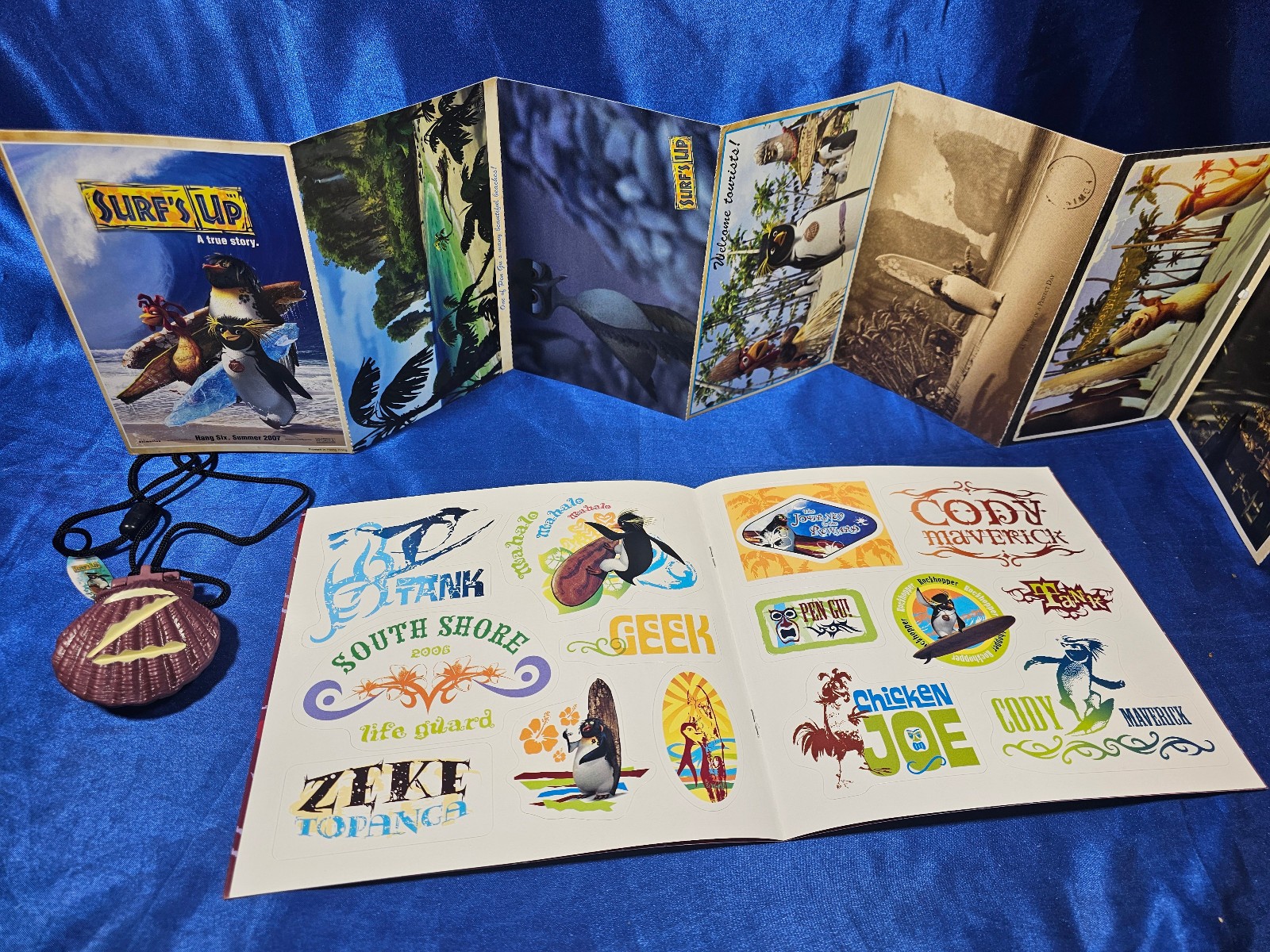 Surfs Up Movie Promo 2007 Lot Big Zs Shell Necklace Post Card Set Sticker Book