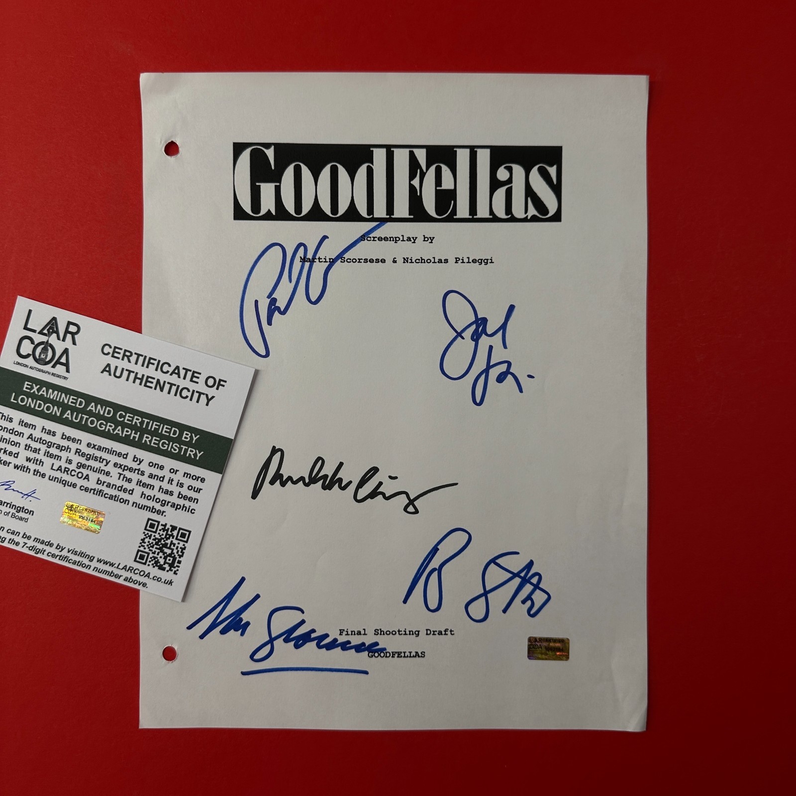 SCORSESE, LIOTTA, DE NIRO, PESCI +1 Hand-Signed “GOODFELLAS” Screenplay LAR COA