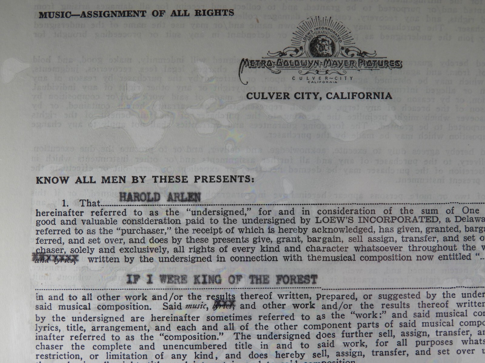Music Contract SIGNED by Harold Arlen for “King of Forest” 1939 The Wizard of Oz