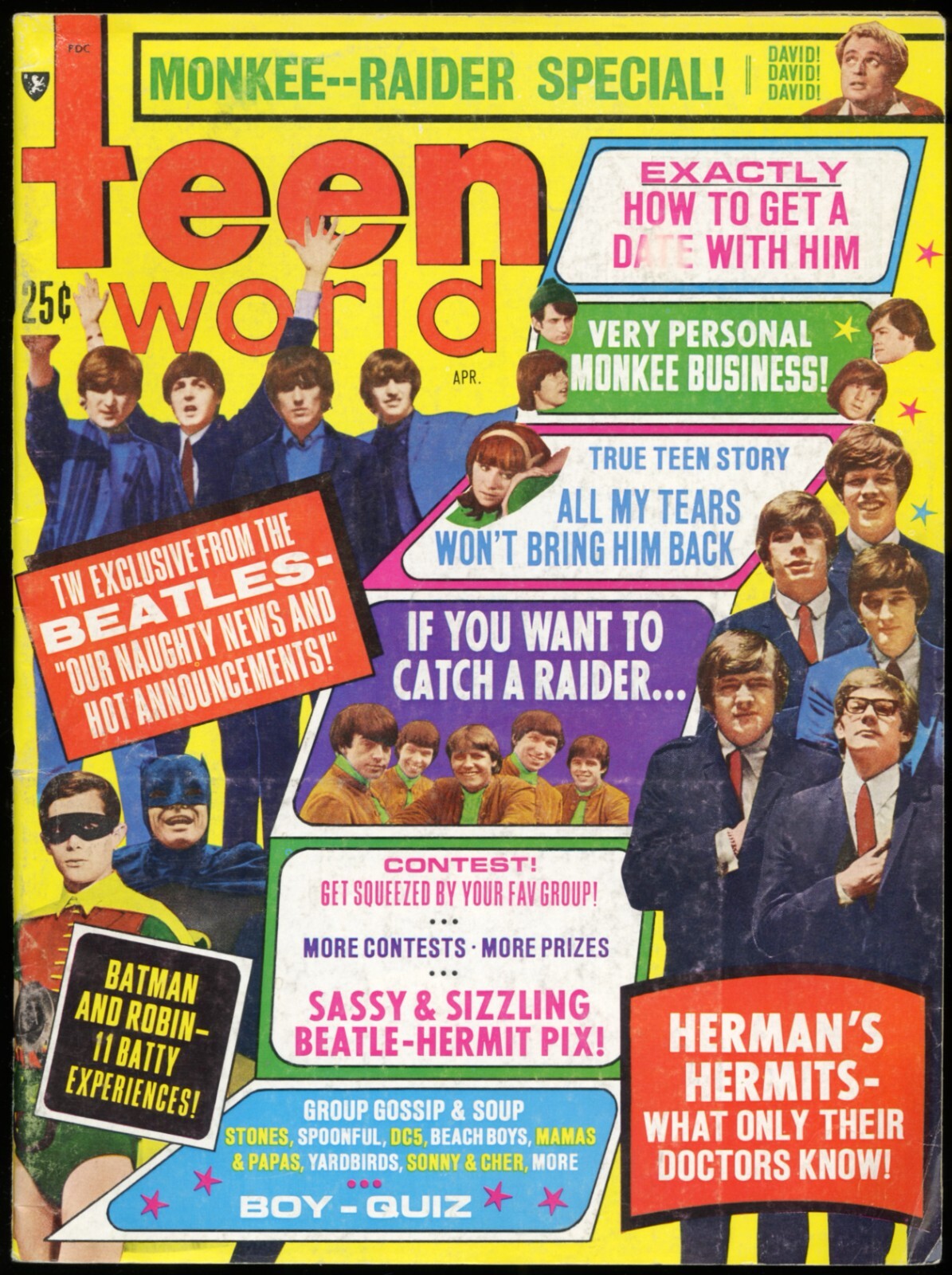 APRIL 1967 TEEN WORLD MAGAZINE, THE BEATLES, BATMAN & ROBIN, HERMAN’S HERMITS
