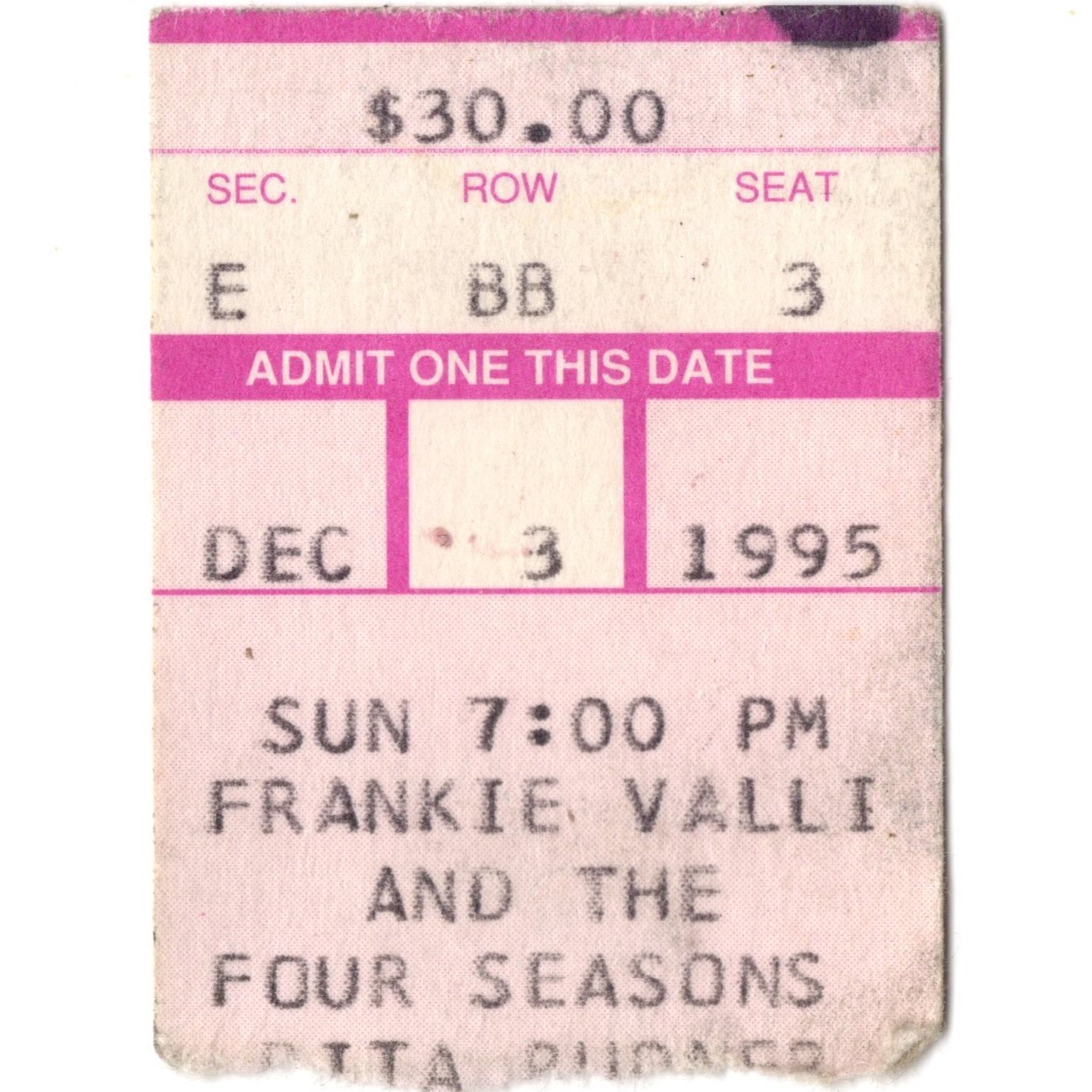 FRANKIE VALLI & THE FOUR SEASONS Concert Ticket Stub DEVON PA 12/3/95 FAIR Rare