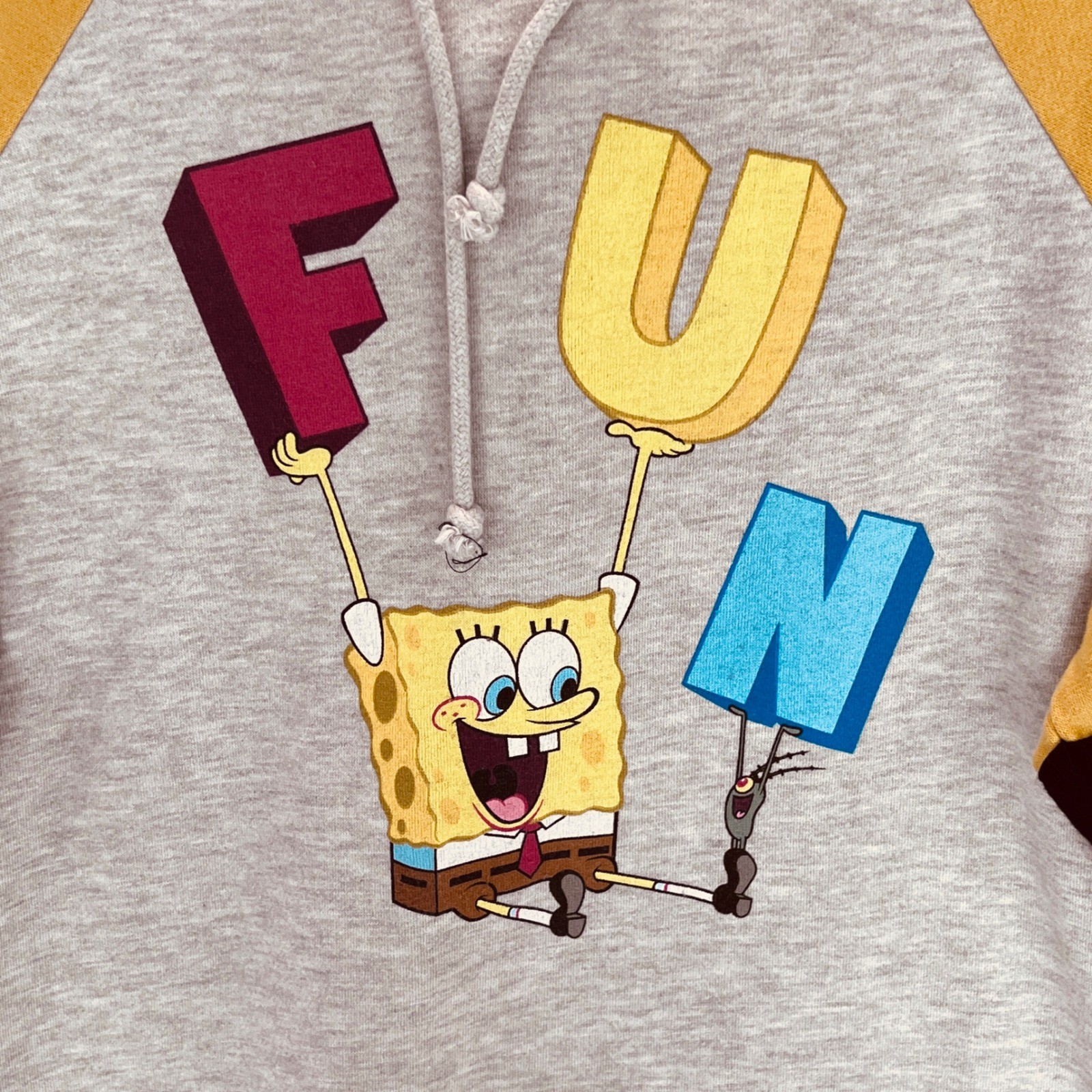SpongeBob SquarePants FUN Graphic Raglan Hoodie Sweatshirt Medium Gray Yellow