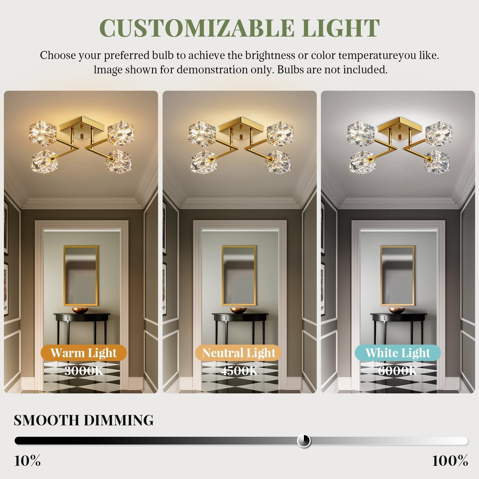 Gold Sputnik Crystal Ceiling Light, 4-Light Semi Flush Mount Chandelier | Mod…