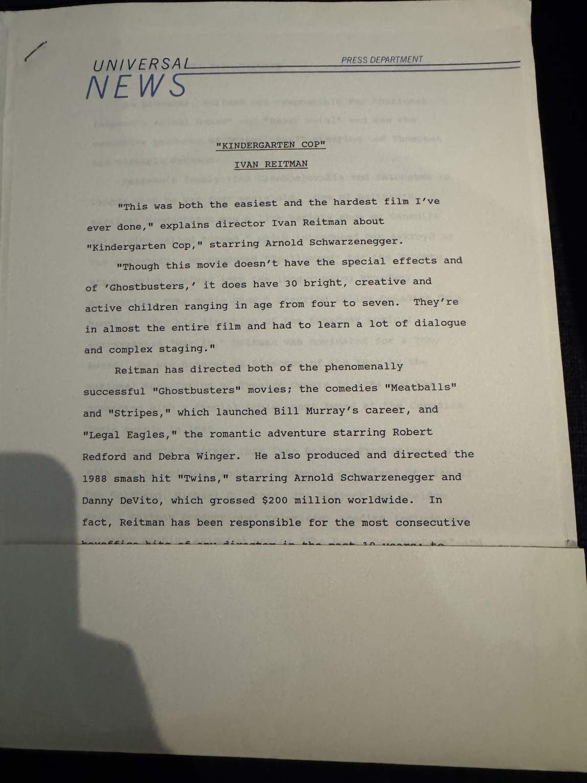 Kindergarten Cop Press Kit – Arnold Schwarzenegger, Dir. Ivan Reitman
