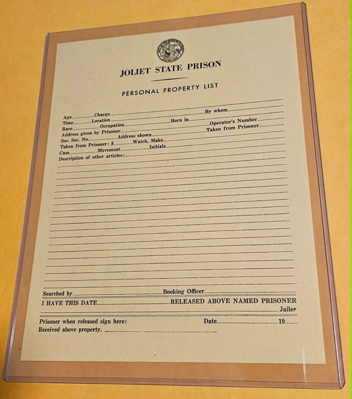 The Blues Brothers – Original Movie Prop – Joliet Prison Personal Property List
