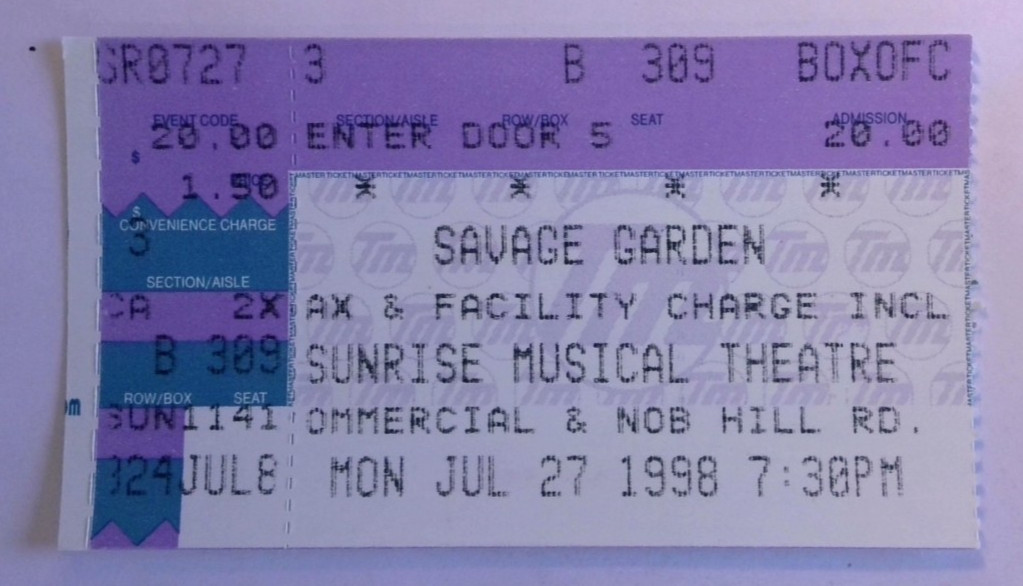Savage Garden 1998 Debut Tour Concert Ticket Stub – “Truly Madly Deeply” Era