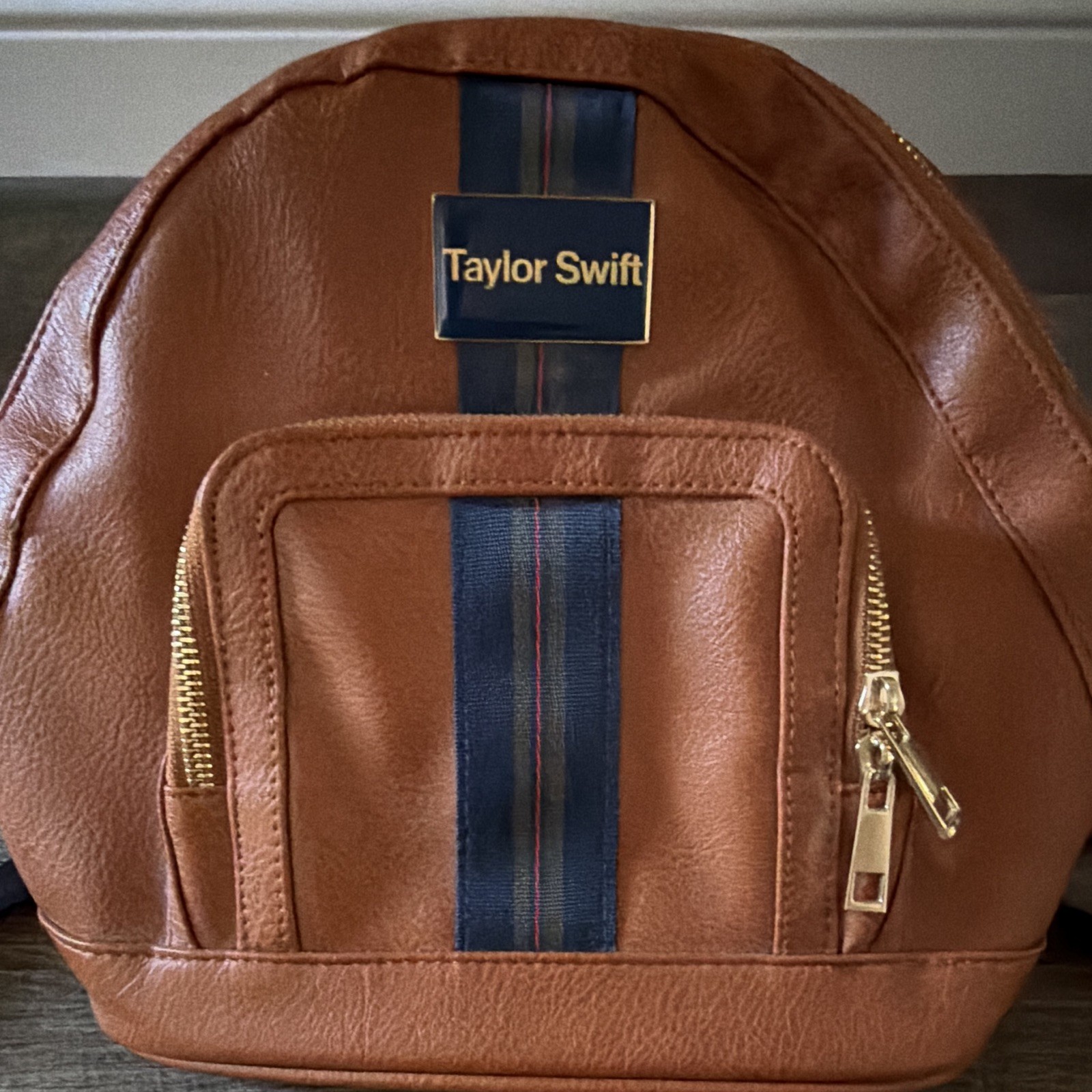 Taylor Swift Midnights Brown Backpack Bag with Blue Stripe & Front Zip Pocket