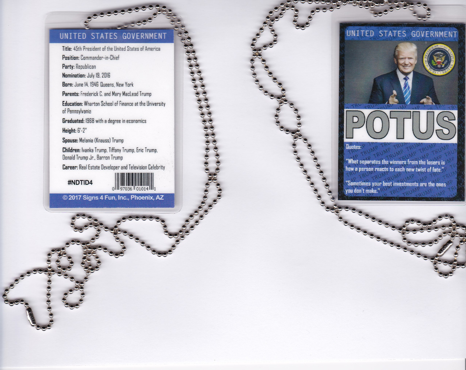 United States President Donald J Trump POTUS badge with chain