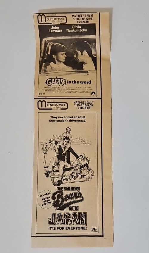 Grease & The Bad News Bears Go To Japan VTG Newspaper Clipping Movie Ad 1978