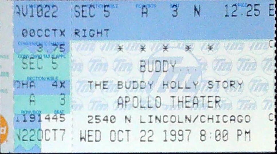 Buddy Holly Musical Ticket Stub Apollo Theater Chicago Illinois Story 10/22/1997