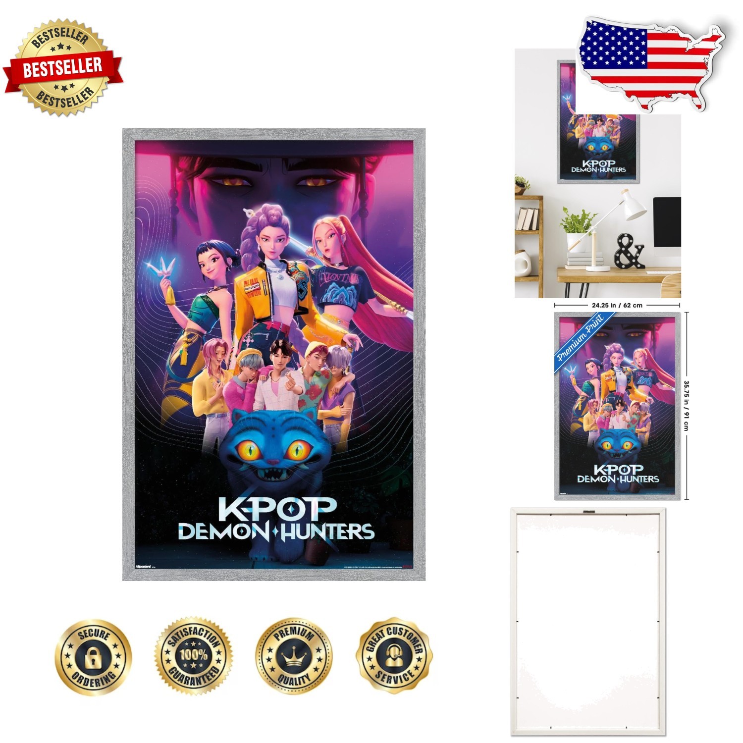 Modern Netflix KPop Demon Hunters Wall Art – Glossy 34″x22.4″ Framed Poster