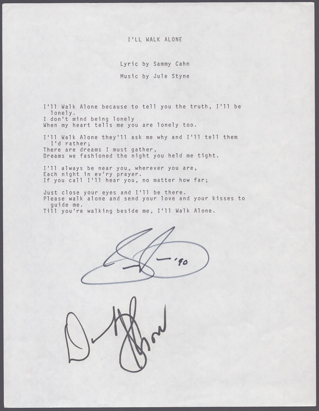 SAMMY CAHN – TYPED LYRIC(S) SIGNED 1990 CO-SIGNED BY: DINAH SHORE