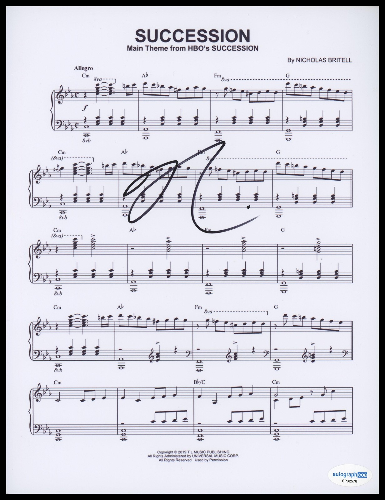Nicholas Britell “Succession” Composer AUTOGRAPH Signed 8.5×11 Sheet Music ACOA