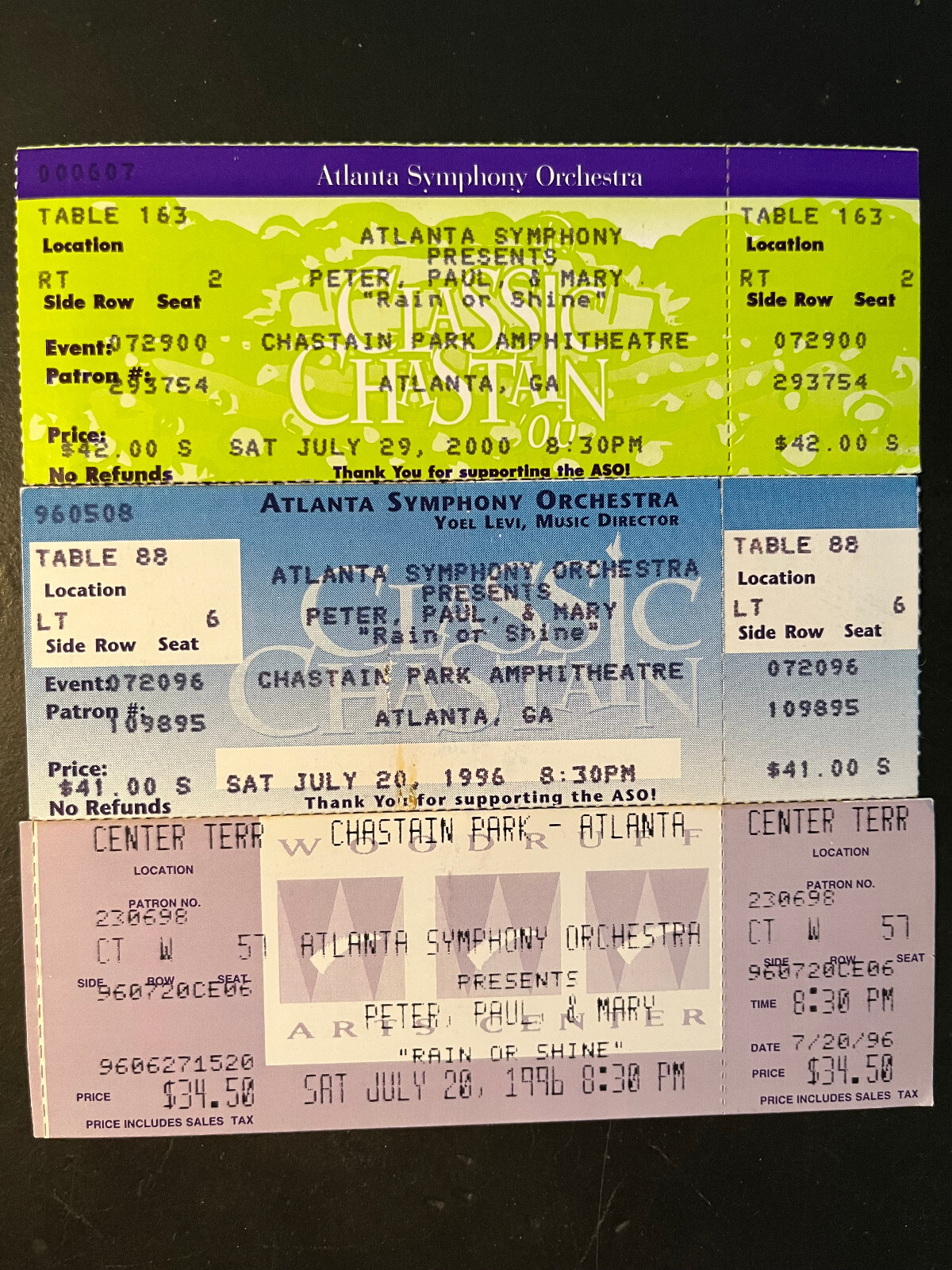 THREE FULL UNUSED TICKETS PETER, PAUL, & MARY CHASTAIN PARK ATLANTA 1996 & 2000