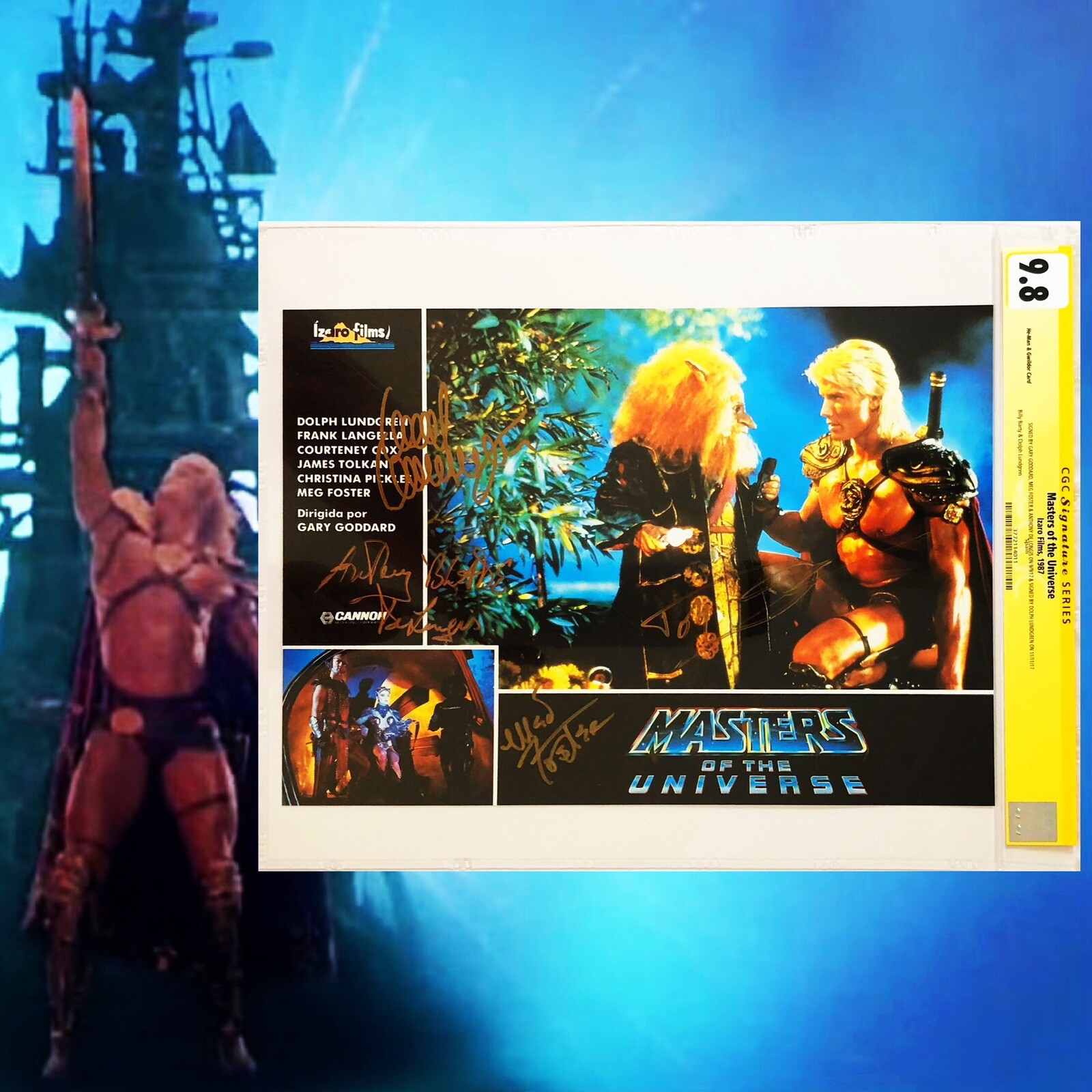 CGC 9.8 SS Masters of the Universe He-Man Spain Lobby Card signed by Lundgren +3