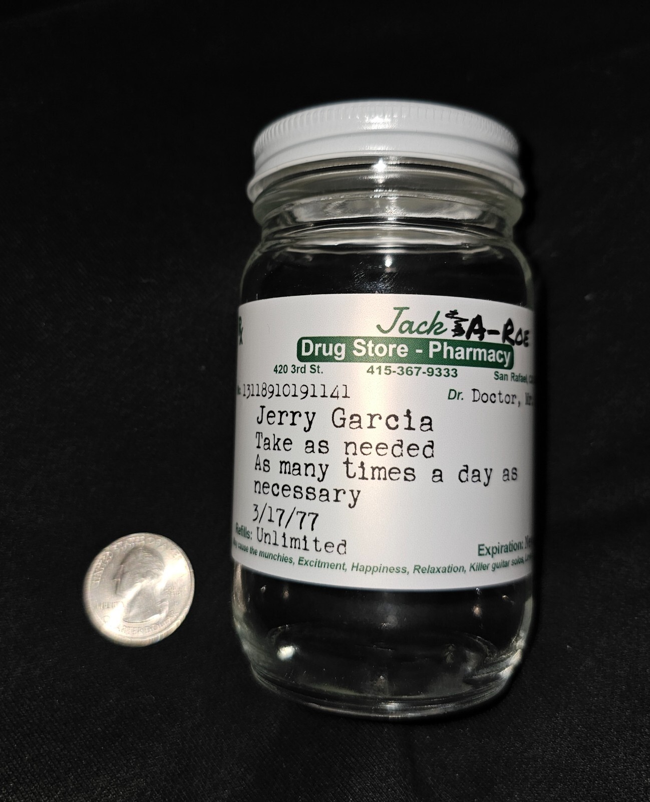 Grateful Dead – Jerry Garcia 8oz Round Glass Scrip Stash Jar 2.5″x4.5″, JGB, SYF