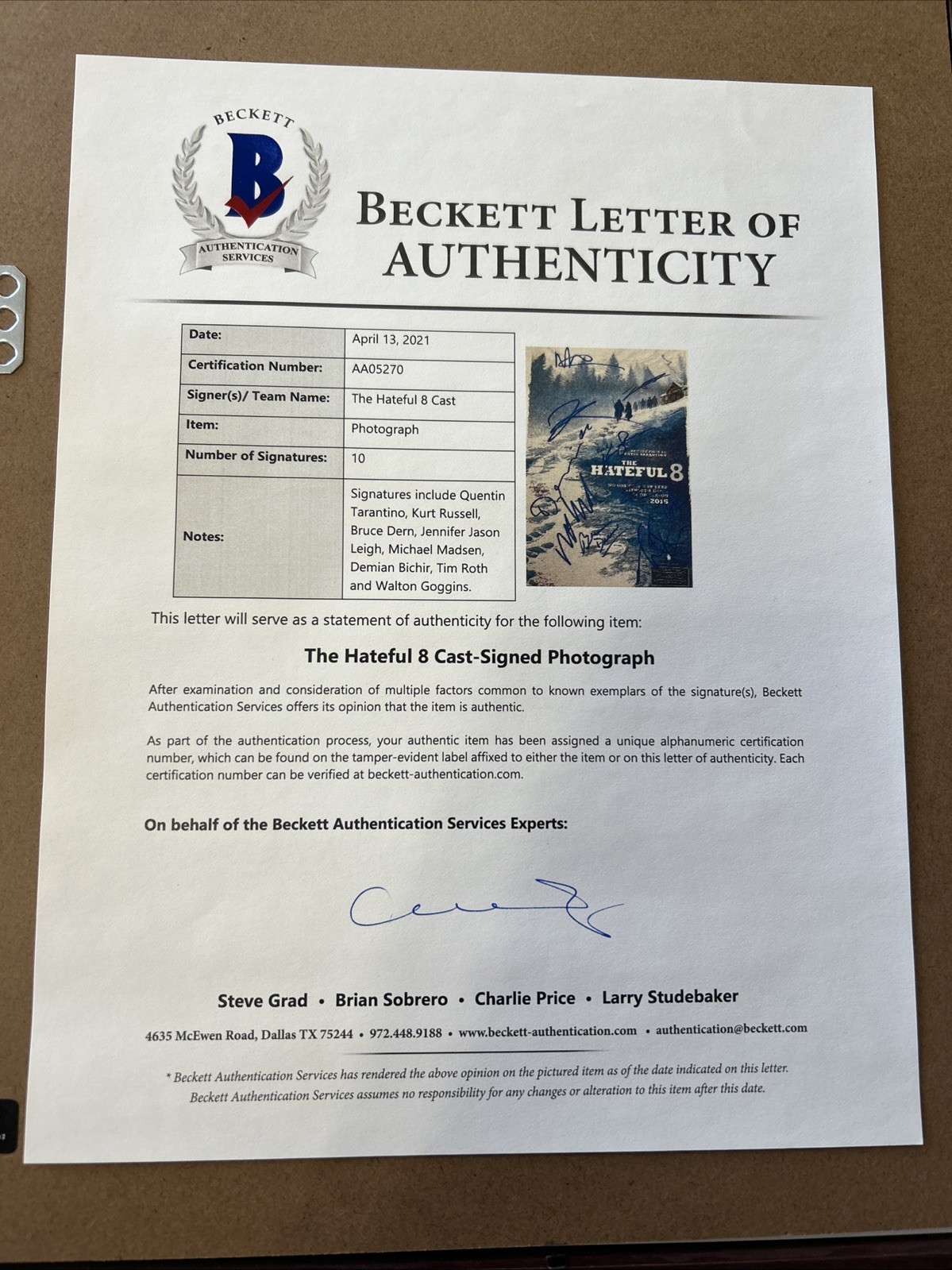 The Hateful 8 Cast Autograph Signed Beckett COA Authentic Quintin Tarantino Rare