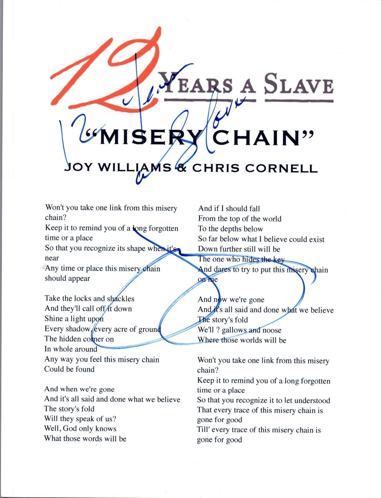 Joy Williams Signed Autograph 12 YEARS A SLAVE “Misery Chain” Lyric Sheet COA VD
