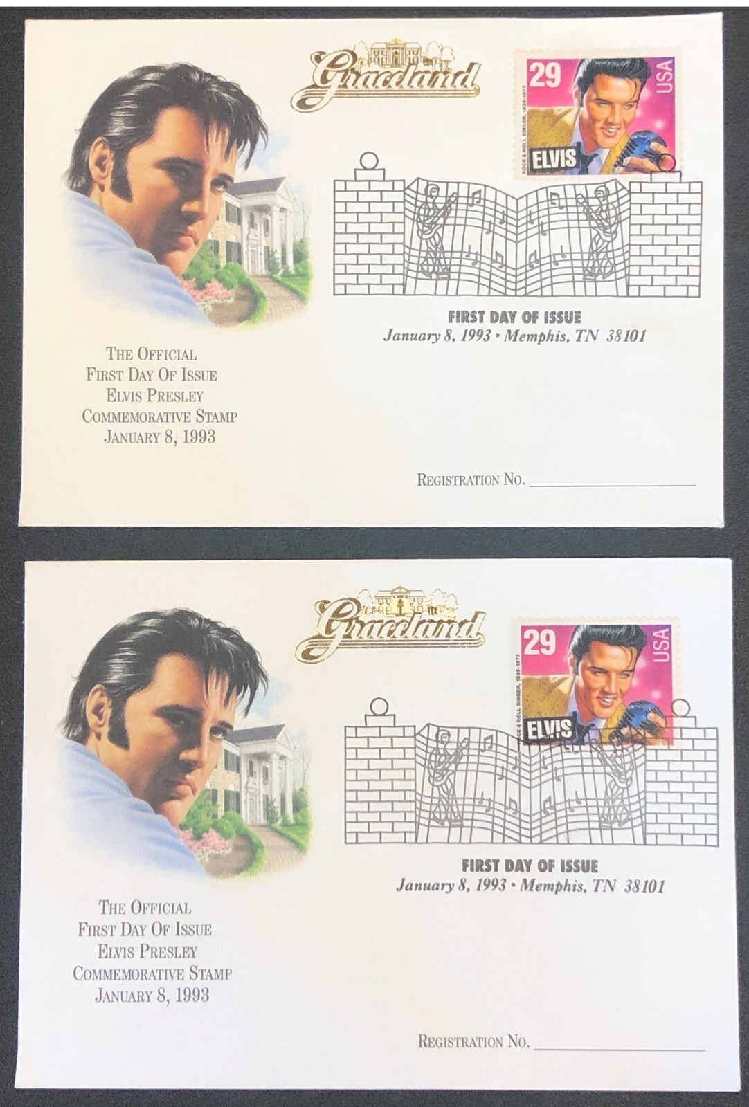 (2)x Elvis Presley Graceland First Day Issue Cover Commemorative Stamp Envelopes